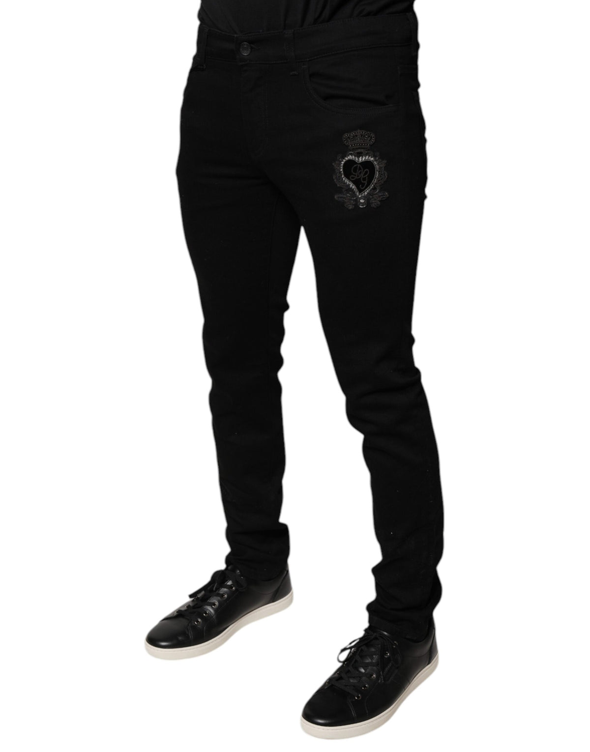 New Dolce & Gabbana Black DG Crown Logo Cotton Skinny Denim Jeans