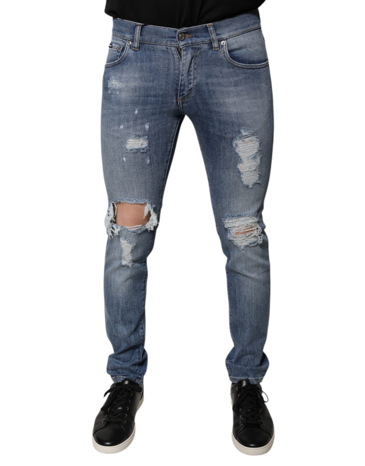 New Dolce & Gabbana Blue Tattered Cotton Stretch Skinny Denim Jeans