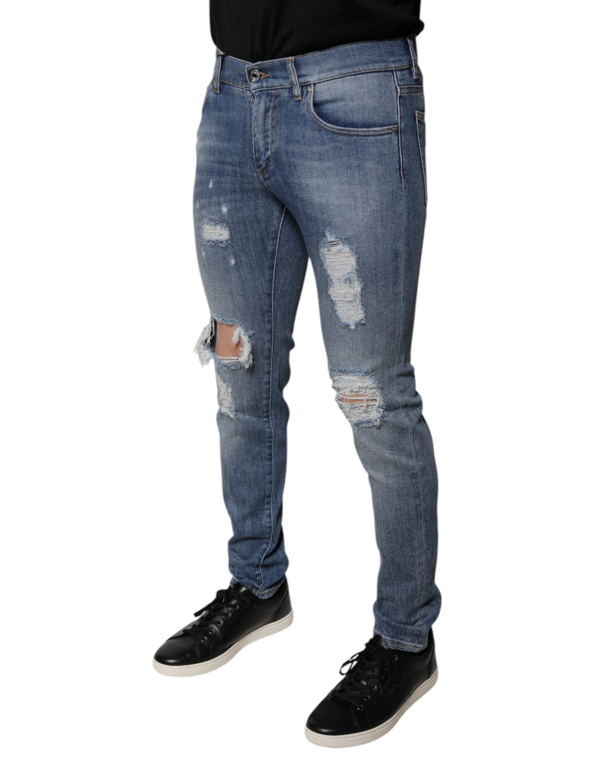 New Dolce & Gabbana Blue Tattered Cotton Stretch Skinny Denim Jeans