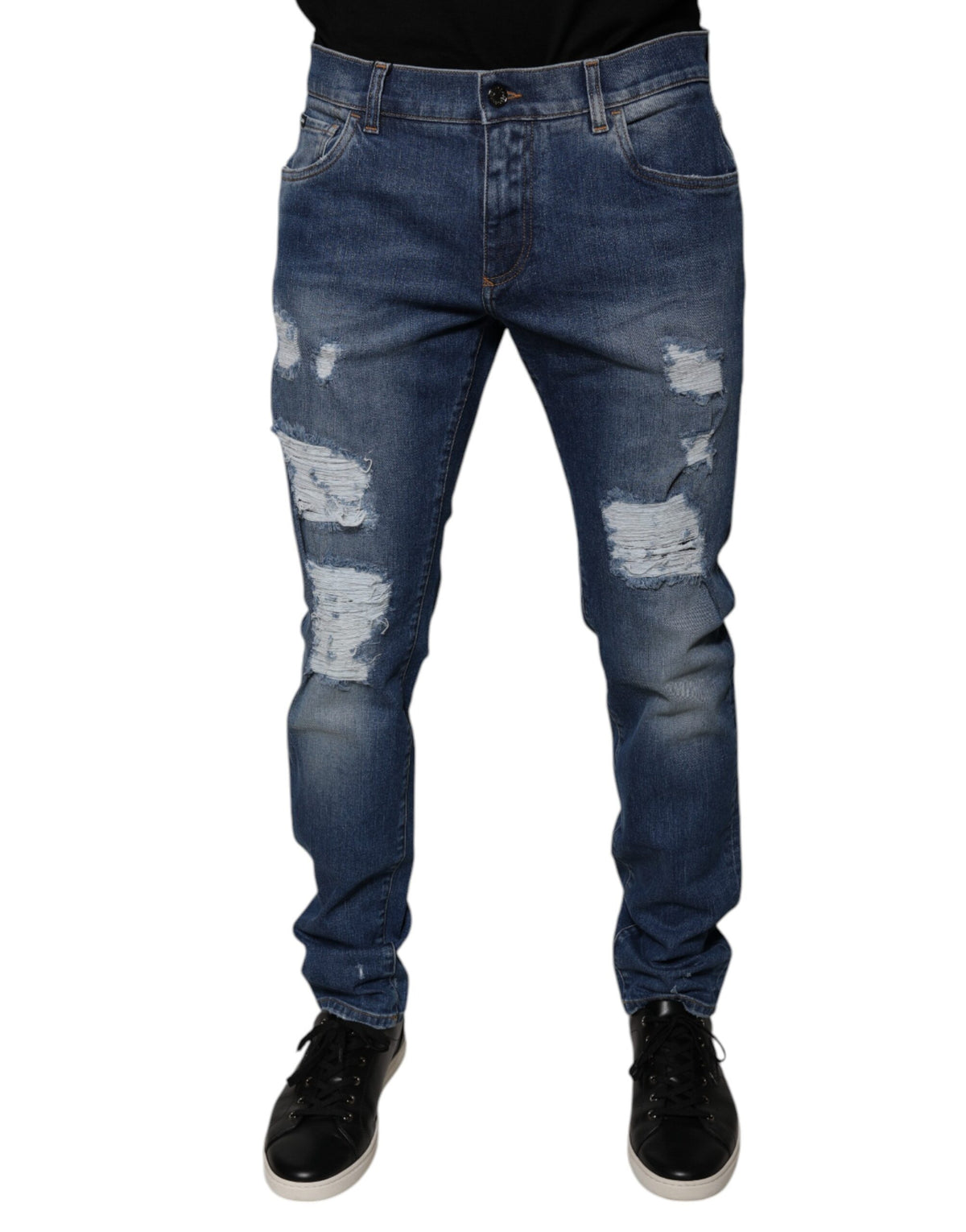 New Dolce & Gabbana Blue Cotton Tattered Skinny Denim Jeans