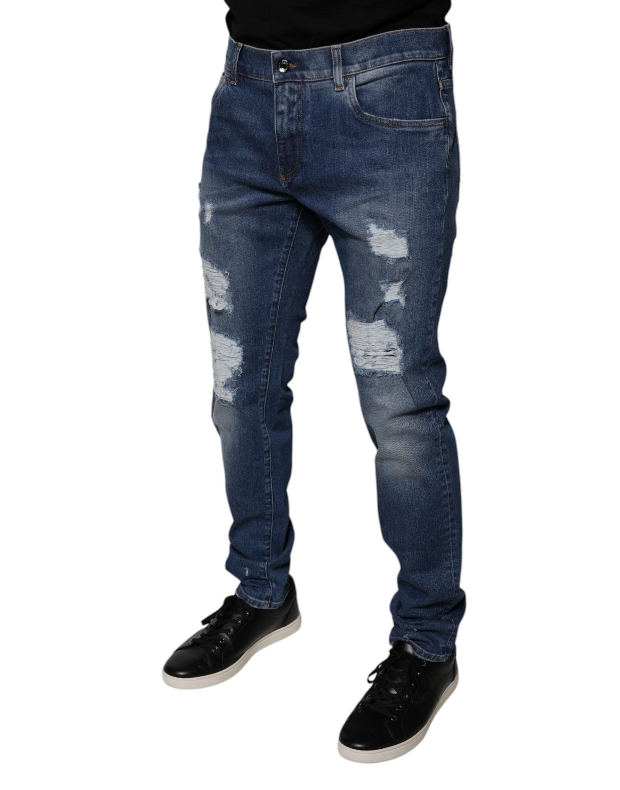 New Dolce & Gabbana Blue Cotton Tattered Skinny Denim Jeans