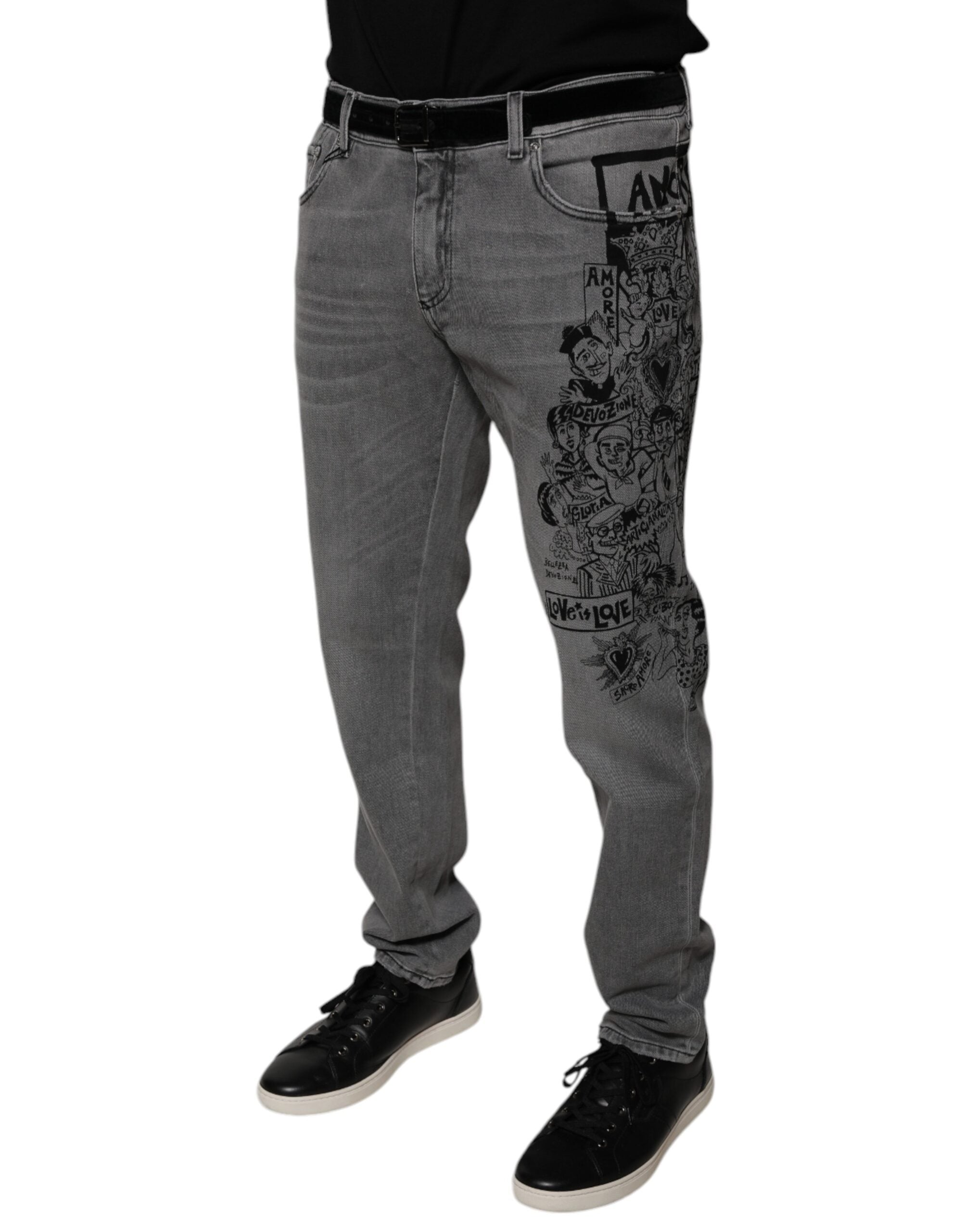 New Dolce & Gabbana Gray Graphic Print Cotton Skinny Denim Jeans