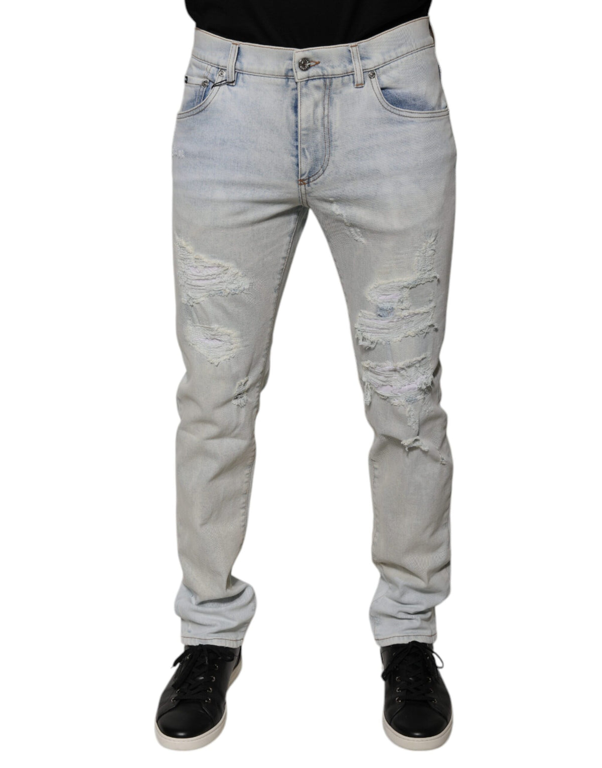 New Dolce & Gabbana Light Blue Cotton Blend Tattered Skinny Denim Jeans