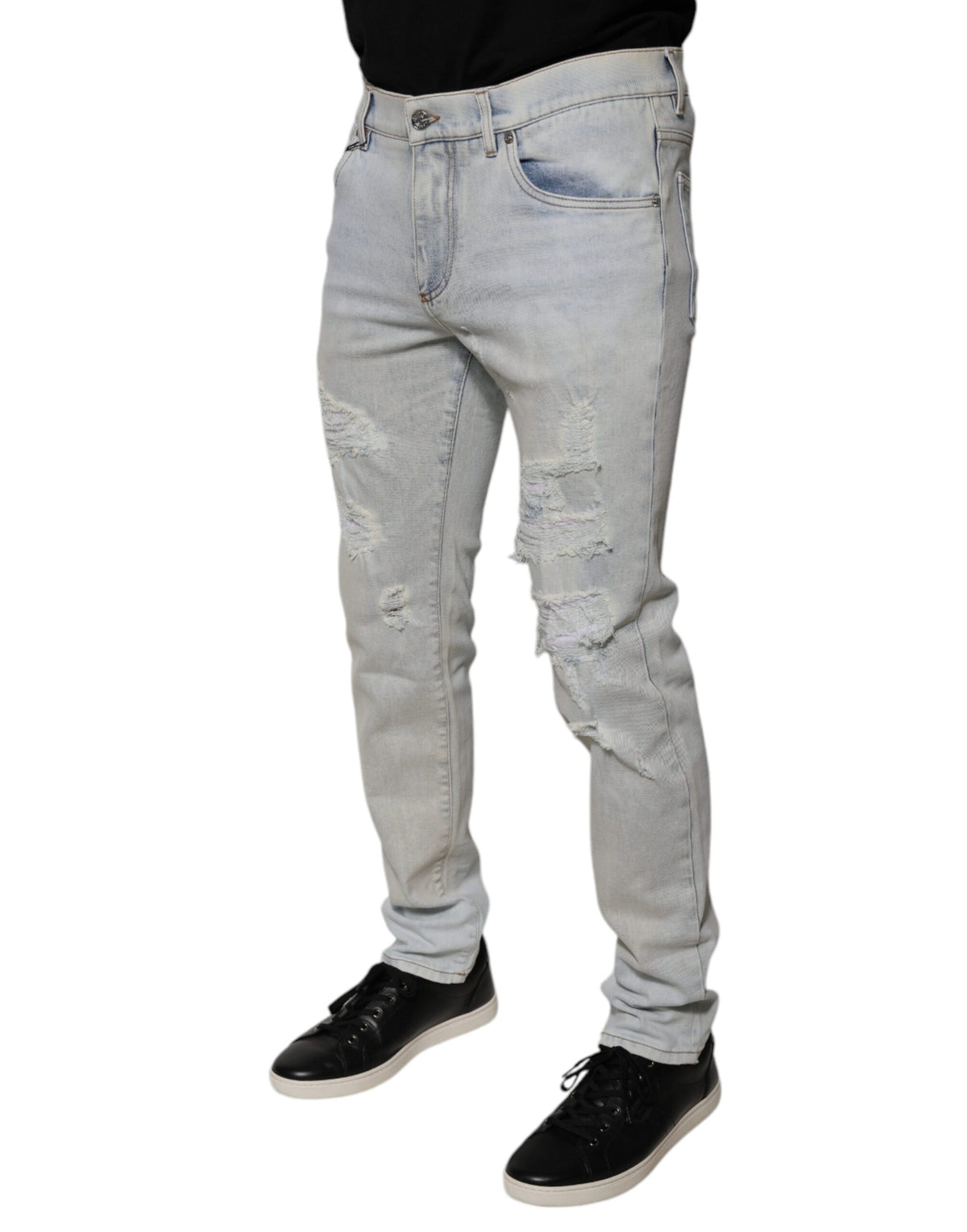 New Dolce & Gabbana Light Blue Cotton Blend Tattered Skinny Denim Jeans