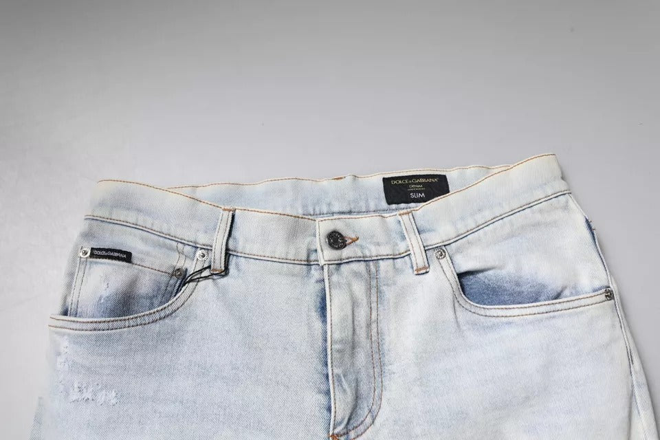 New Dolce & Gabbana Light Blue Cotton Blend Tattered Skinny Denim Jeans