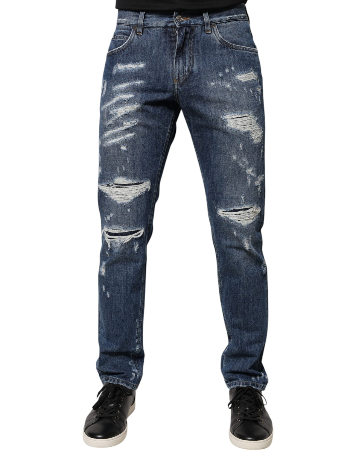 New Dolce & Gabbana Blue Cotton Tattered Skinny Denim Jeans