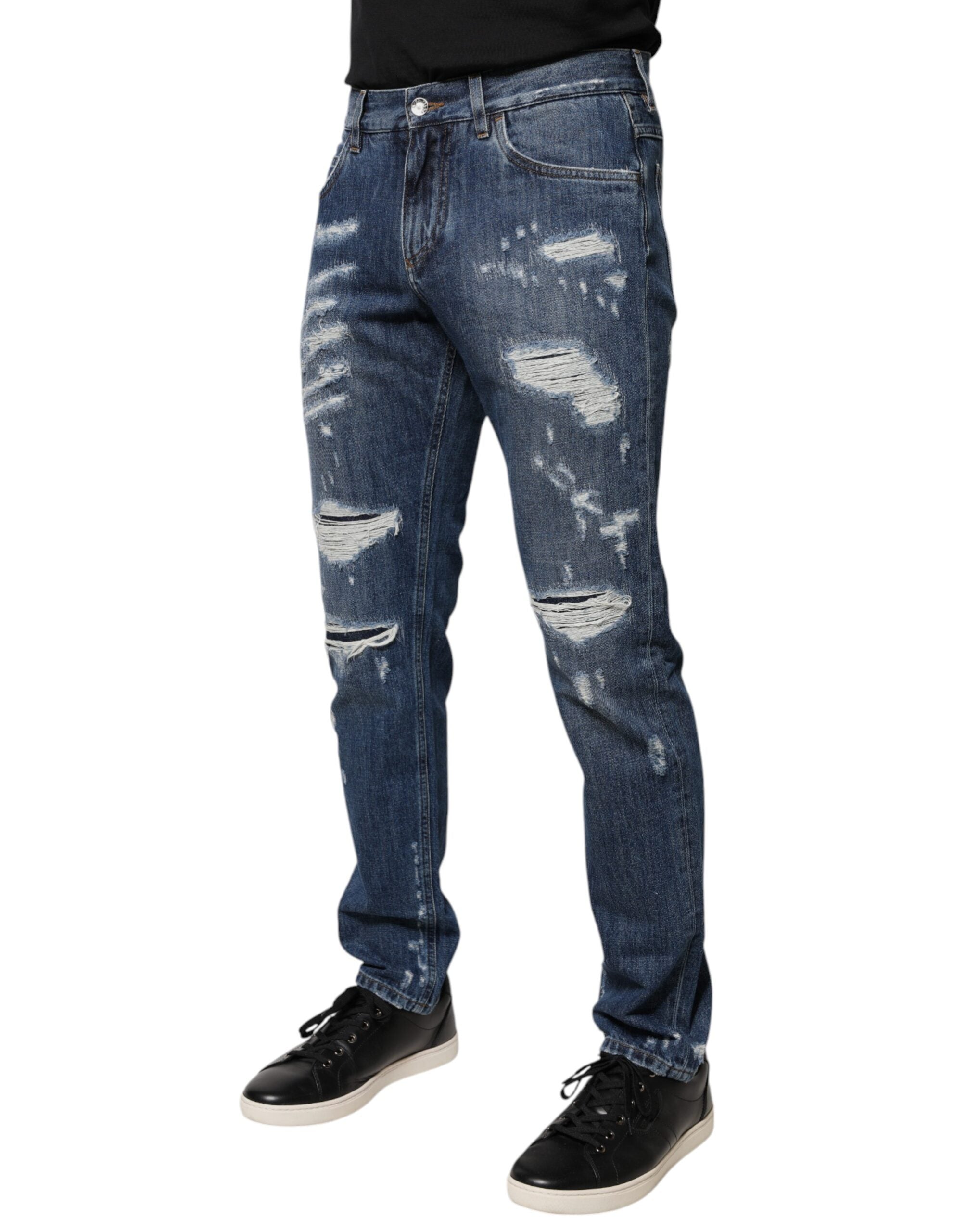 New Dolce & Gabbana Blue Cotton Tattered Skinny Denim Jeans