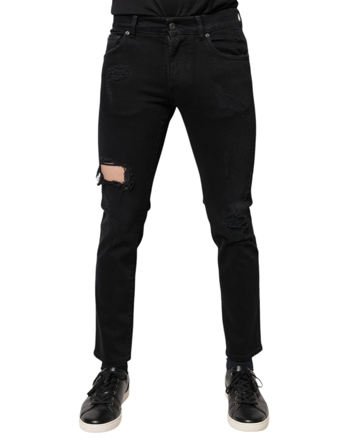 New Dolce & Gabbana Black Cotton Tattered Skinny Denim Logo Jeans