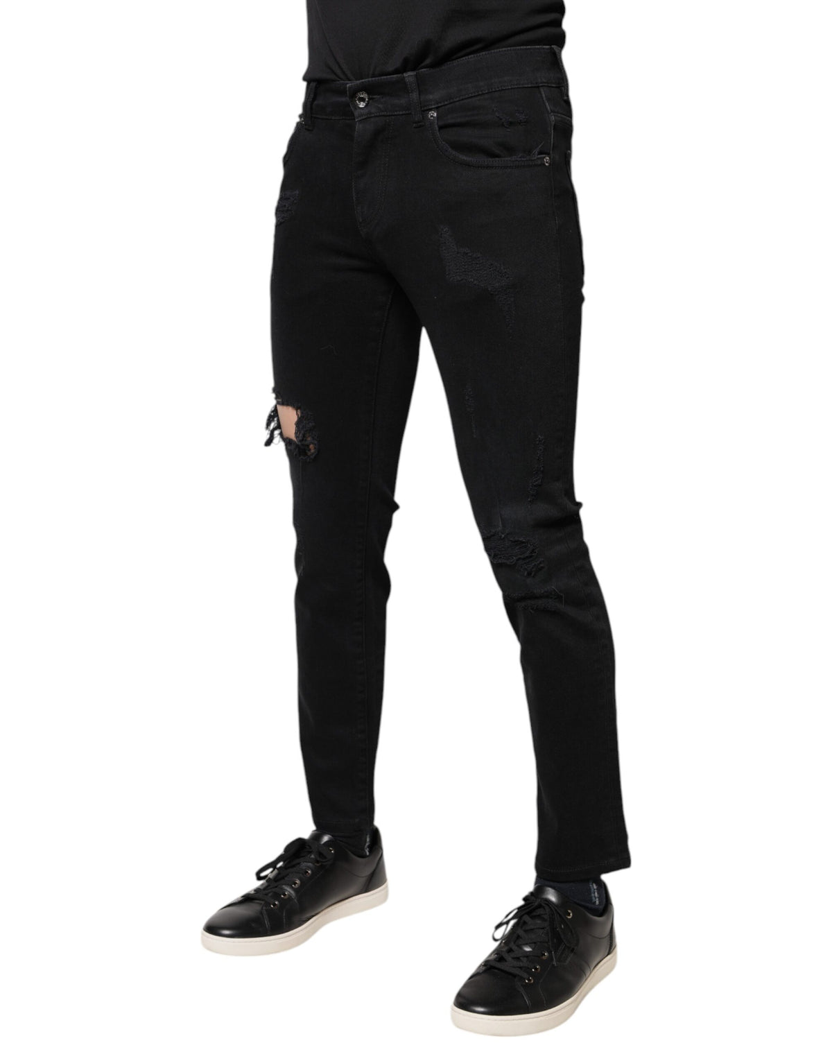 New Dolce & Gabbana Black Cotton Tattered Skinny Denim Logo Jeans