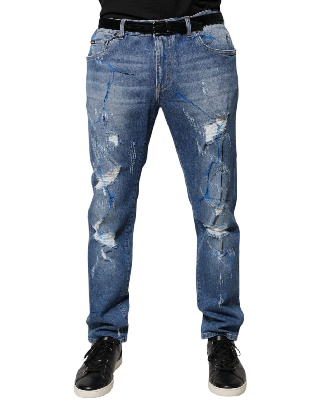 New Dolce & Gabbana Blue Cotton Stretch Tattered Skinny Denim Jeans