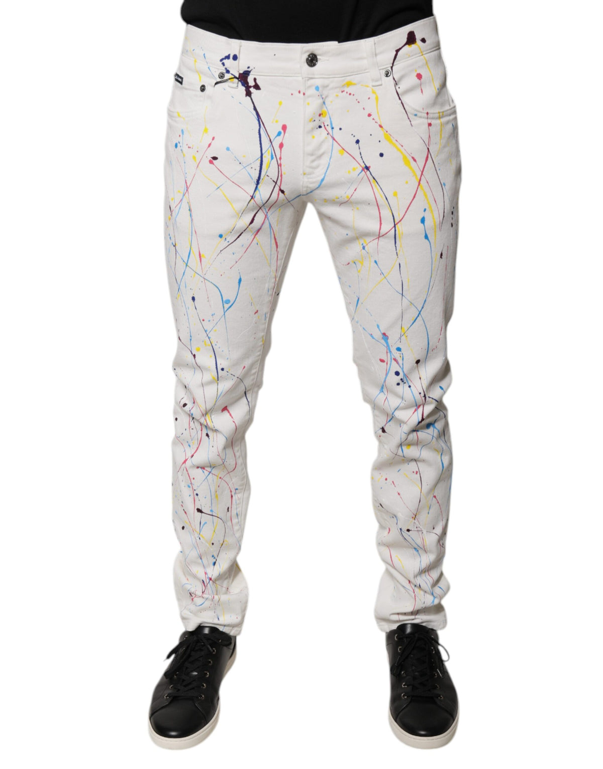 New Dolce & Gabbana White Color Splash Print Skinny Denim Jeans