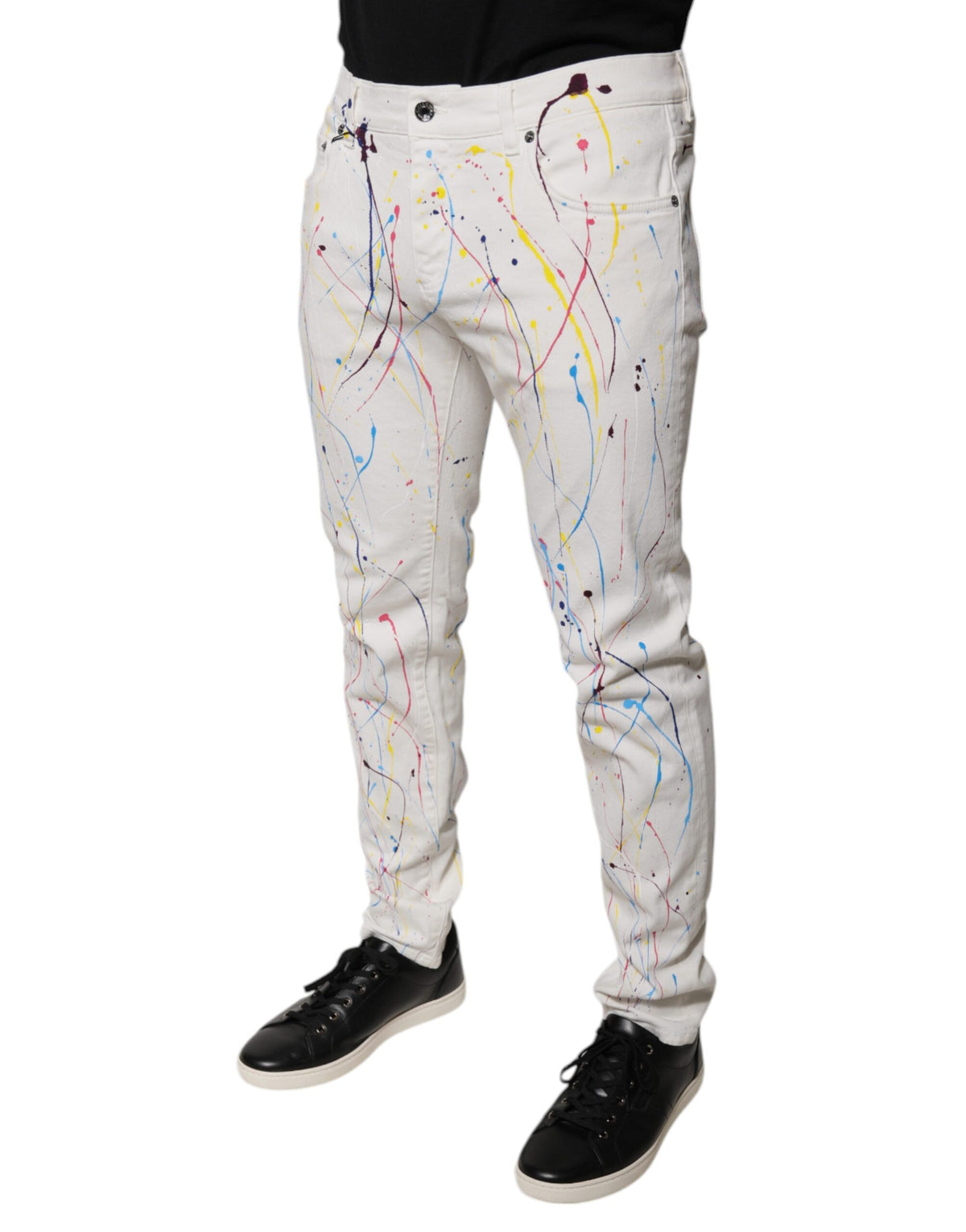 New Dolce & Gabbana White Color Splash Print Skinny Denim Jeans