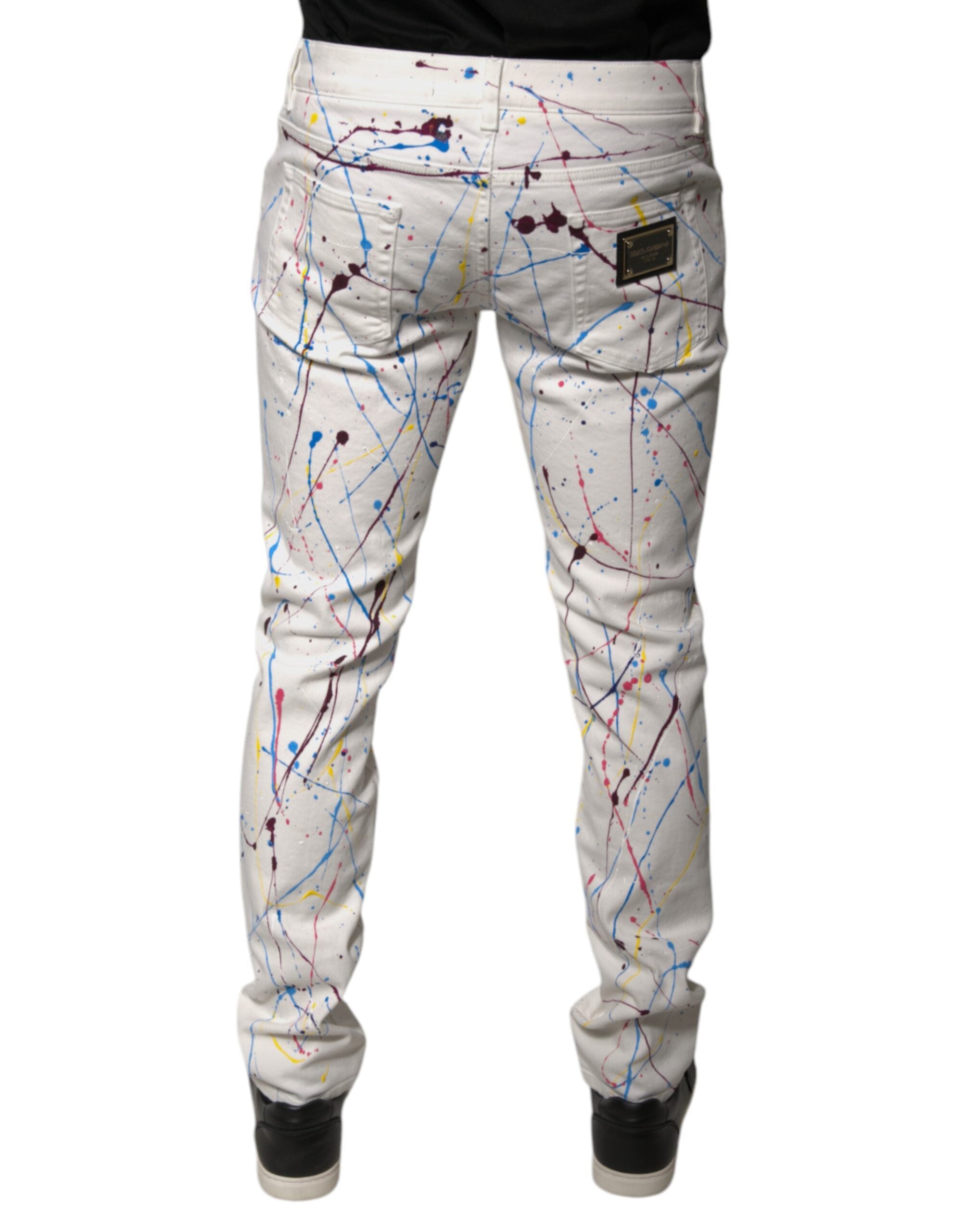 New Dolce & Gabbana White Color Splash Print Skinny Denim Jeans