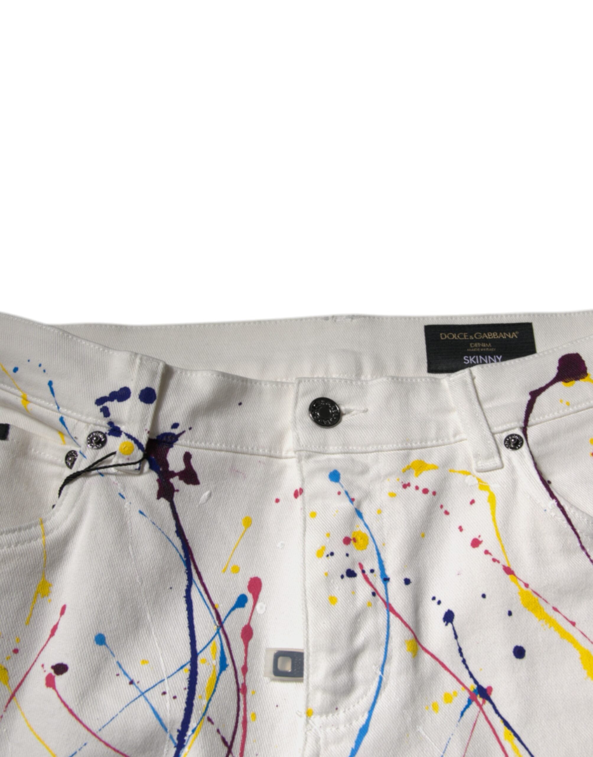 New Dolce & Gabbana White Color Splash Print Skinny Denim Jeans