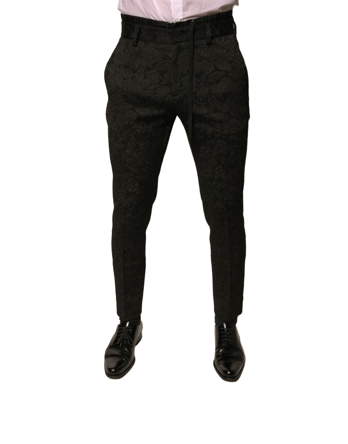 New Dolce & Gabbana Black Brocade Polyester Skinny Men Dress Pants