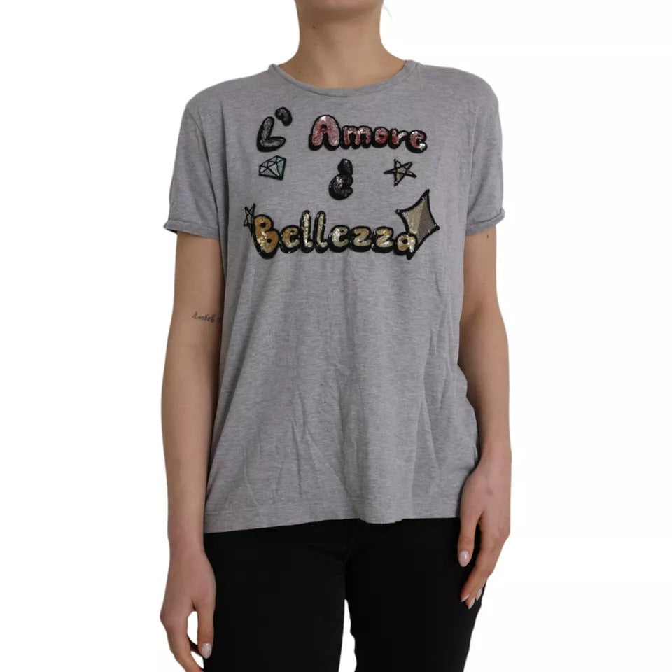 New Dolce & Gabbana Gray Cotton L'Amore E'Bellezza Top T-shirt