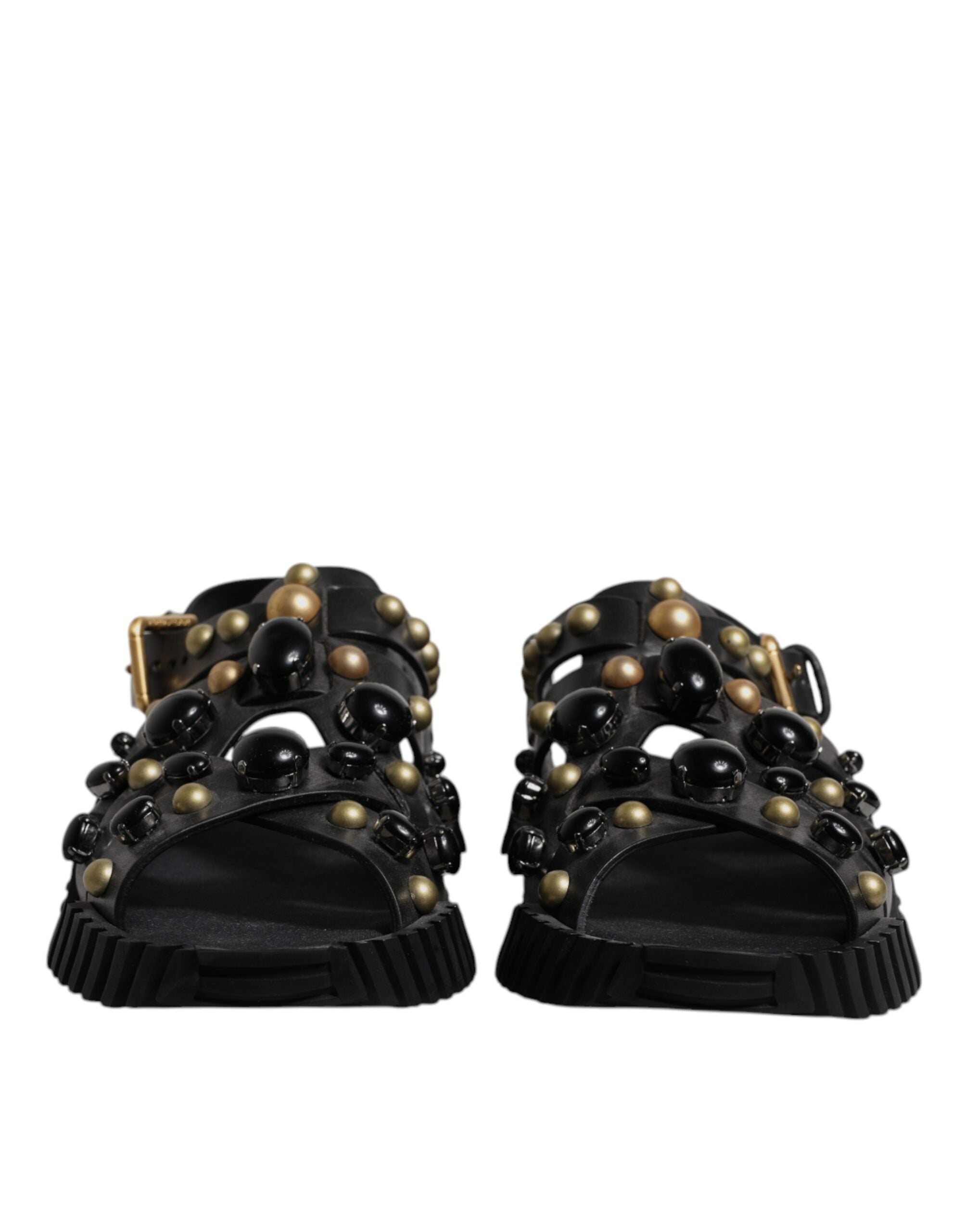 New Dolce & Gabbana Black Leather Studded Slides Sandals Shoes