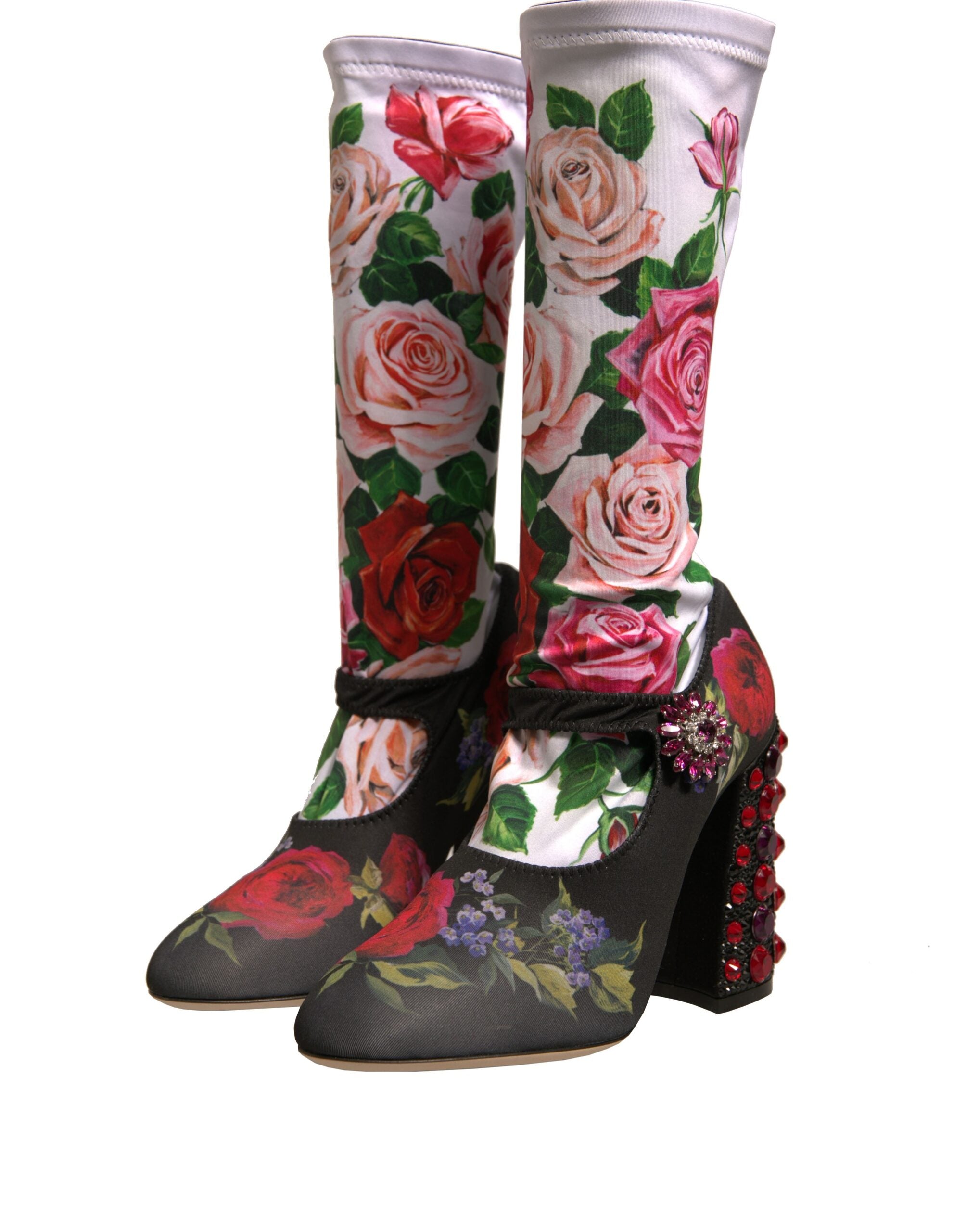 New Dolce & Gabbana Black Floral Socks Crystal Boots Jersey Shoes