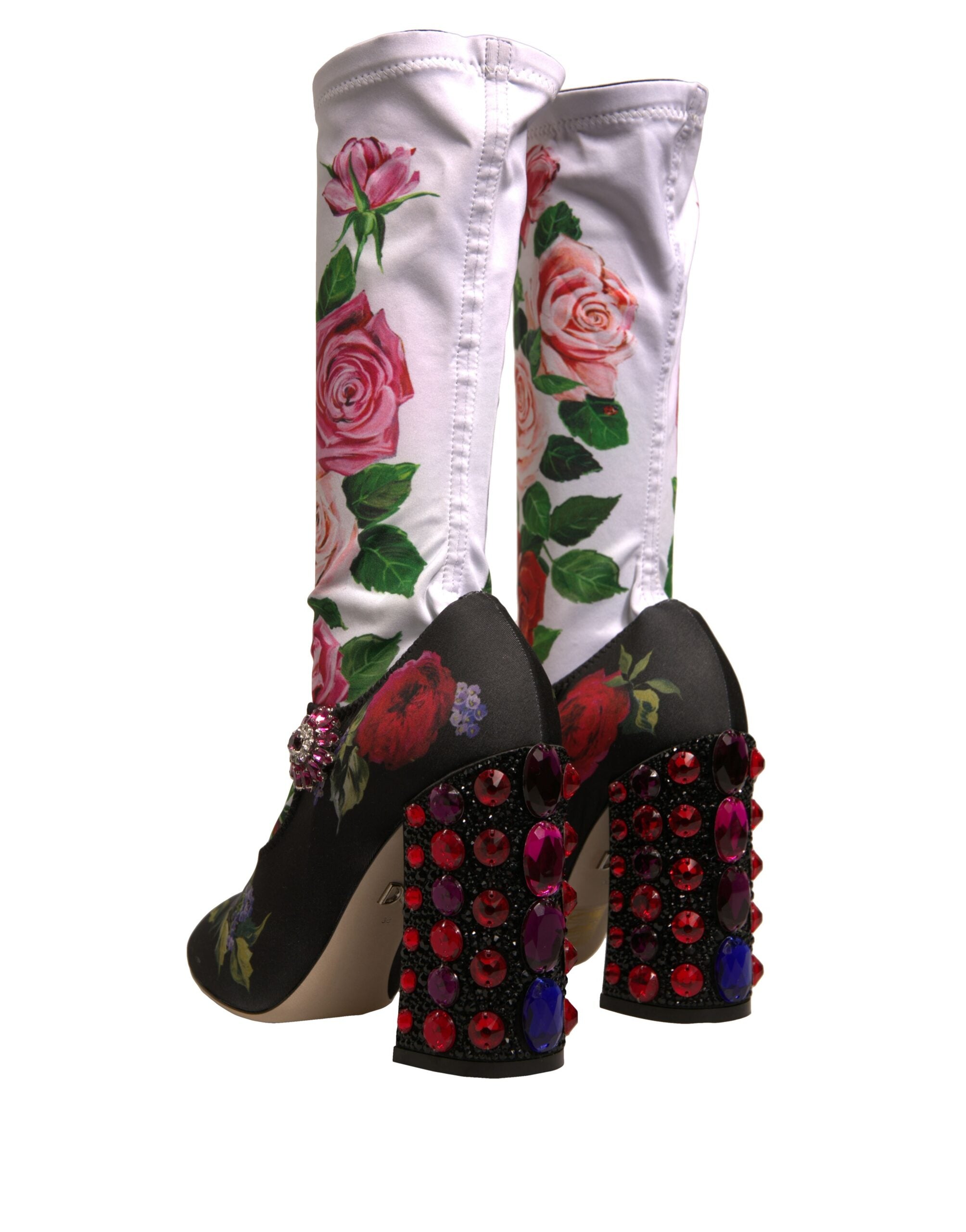 New Dolce & Gabbana Black Floral Socks Crystal Boots Jersey Shoes