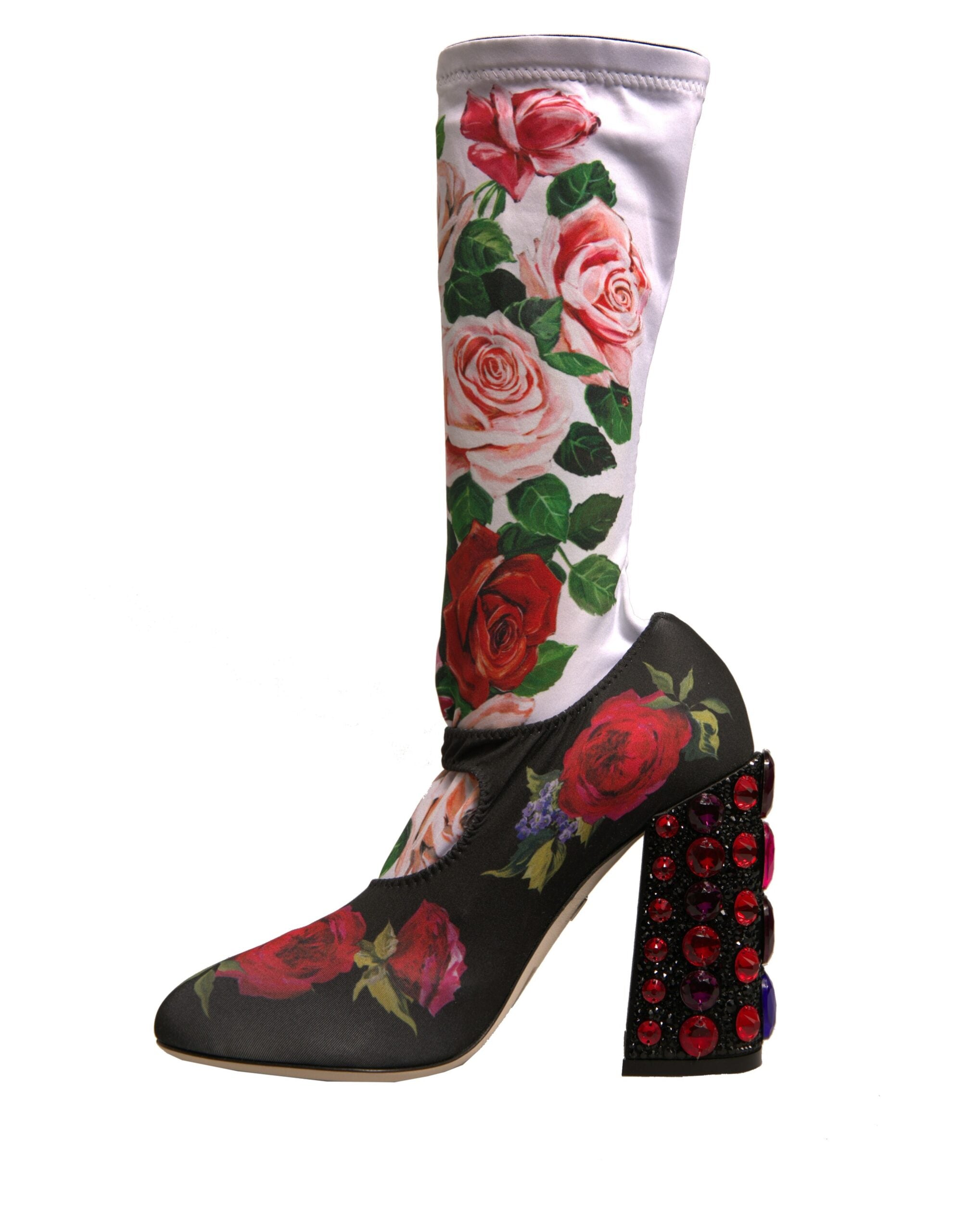 New Dolce & Gabbana Black Floral Socks Crystal Boots Jersey Shoes