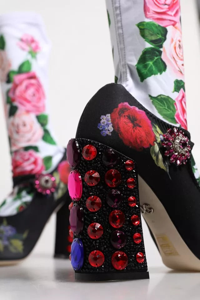 New Dolce & Gabbana Black Floral Socks Crystal Boots Jersey Shoes