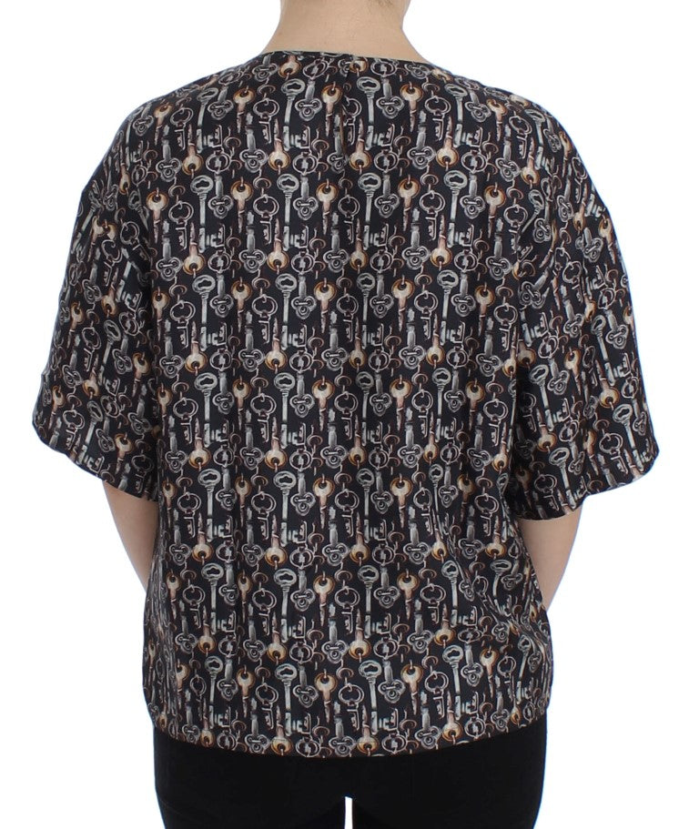 Dolce & Gabbana Gray Gold Key Print Silk Blouse T-shirt - PreLoved & Luxe