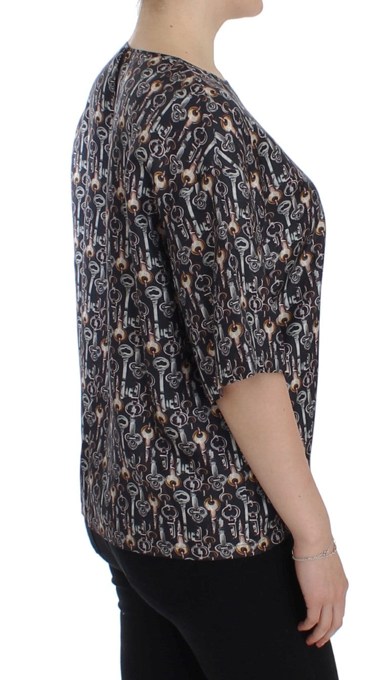Dolce & Gabbana Gray Gold Key Print Silk Blouse T-shirt - PreLoved & Luxe