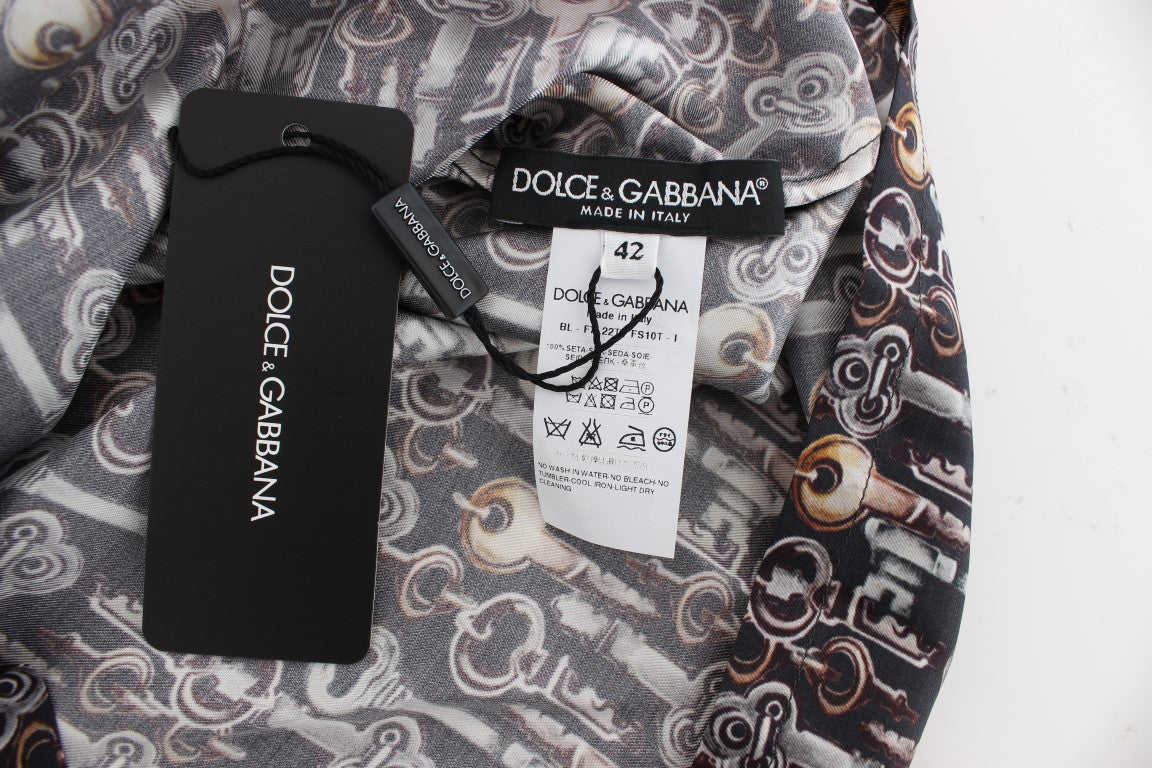 Dolce & Gabbana Gray Gold Key Print Silk Blouse T-shirt - PreLoved & Luxe