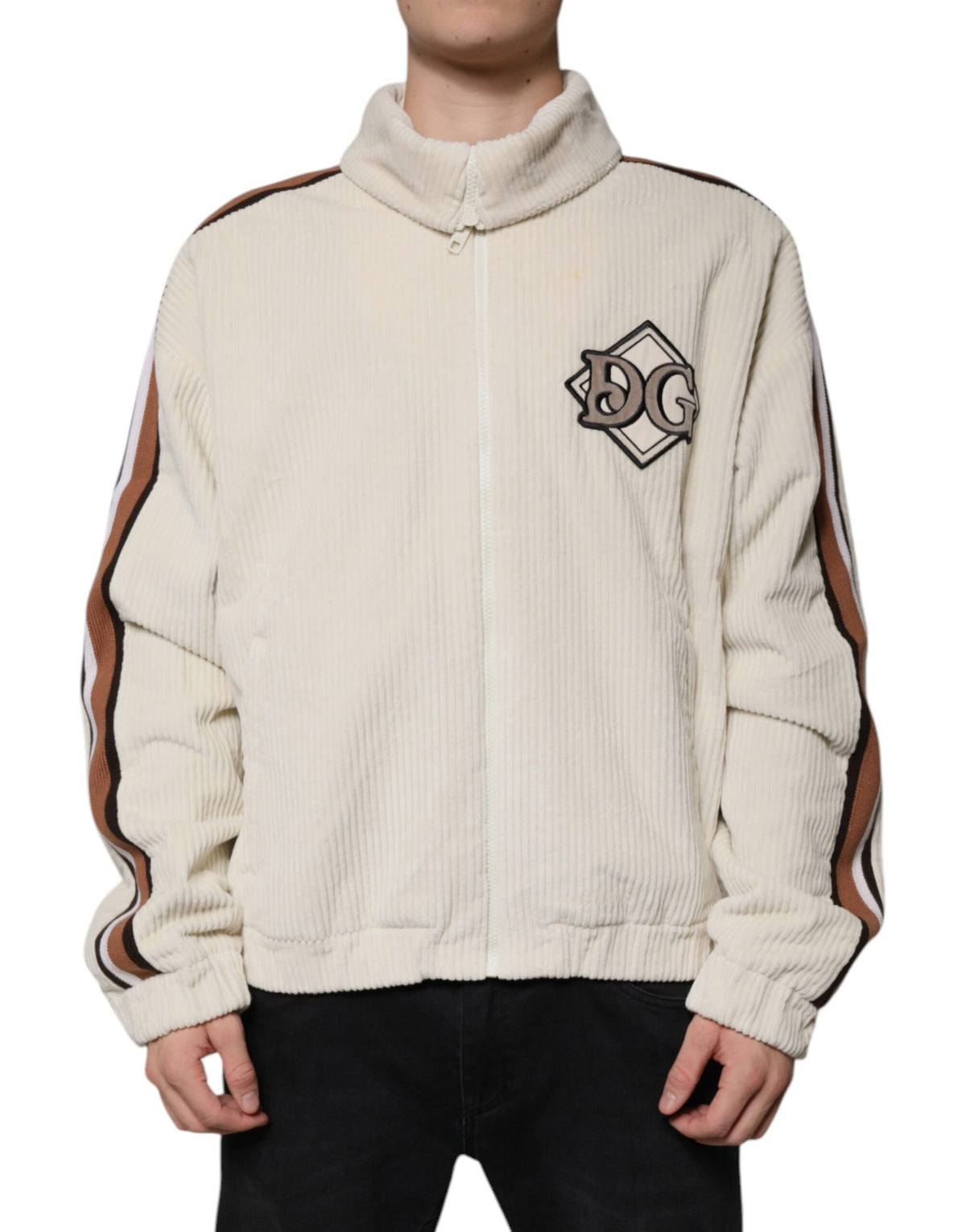 New Dolce & Gabbana Beige Logo Applique Cotton Corduroy Full Zip Jacket