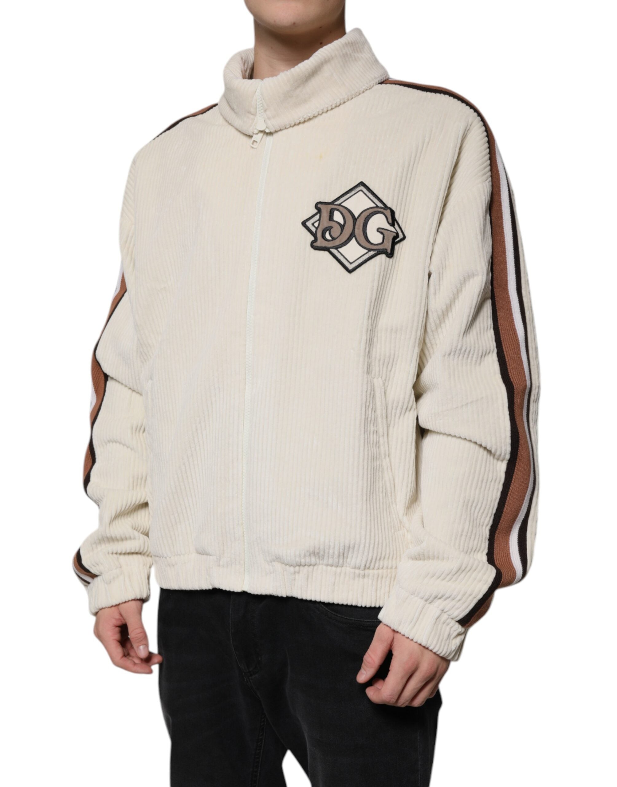 New Dolce & Gabbana Beige Logo Applique Cotton Corduroy Full Zip Jacket