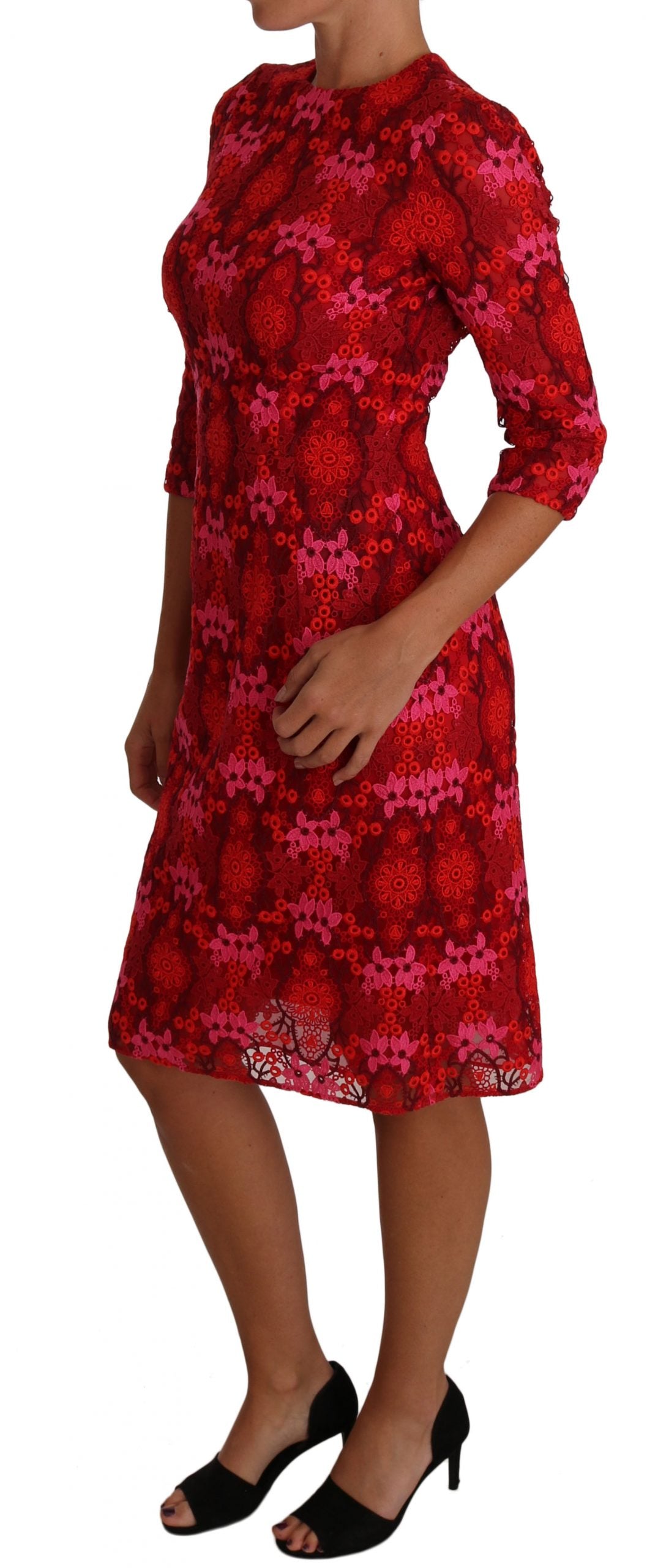 Dolce & Gabbana Floral Crochet Lace Red Pink Sheath Dress - PreLoved & Luxe