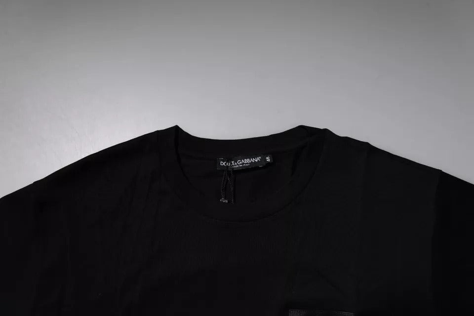 New Dolce & Gabbana Black Logo Patch Cotton Crew Neck T-shirt