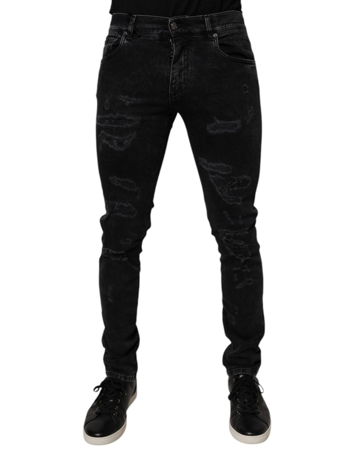 New Dolce & Gabbana Black Tattered Cotton Skinny Men Denim Jeans