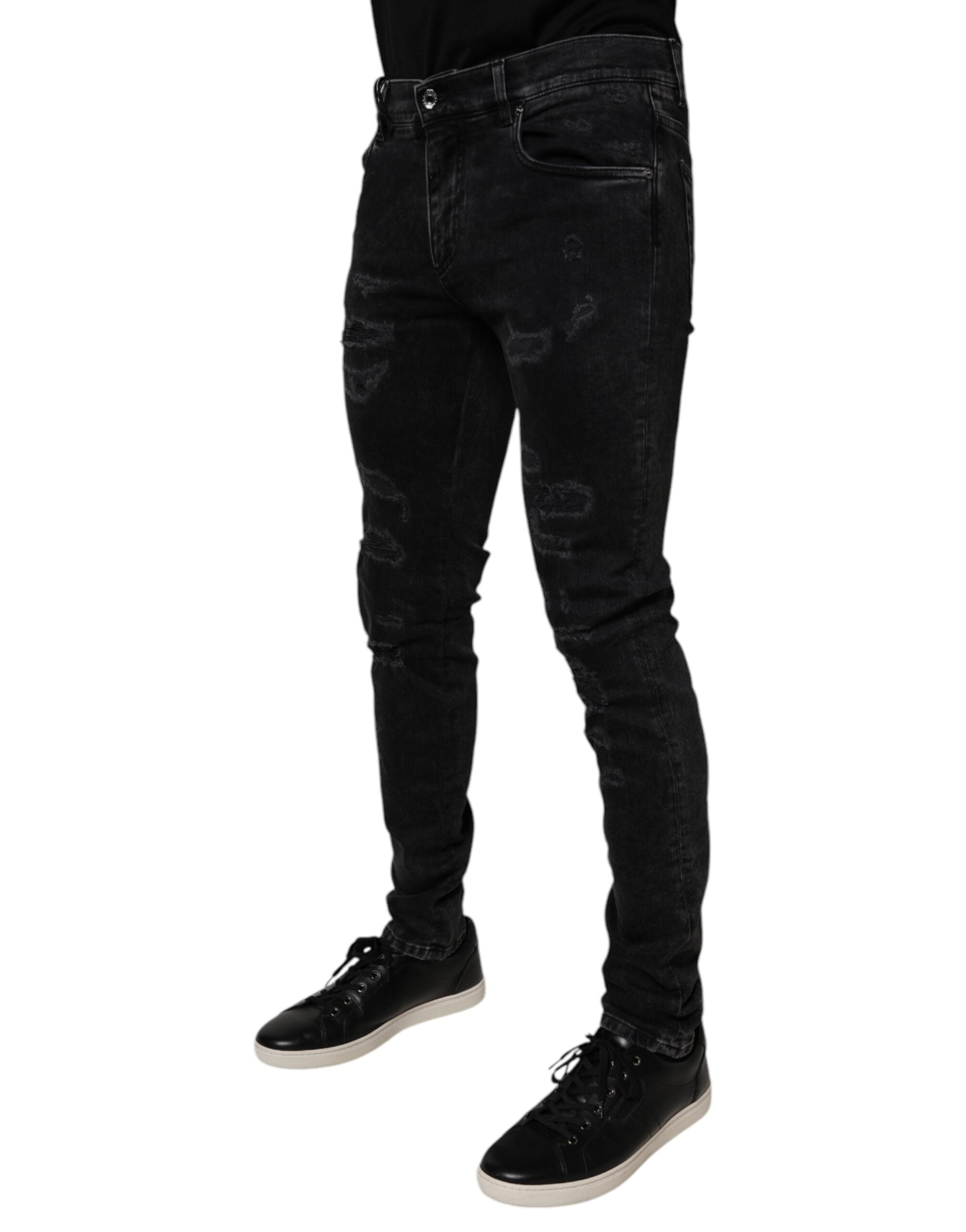 New Dolce & Gabbana Black Tattered Cotton Skinny Men Denim Jeans