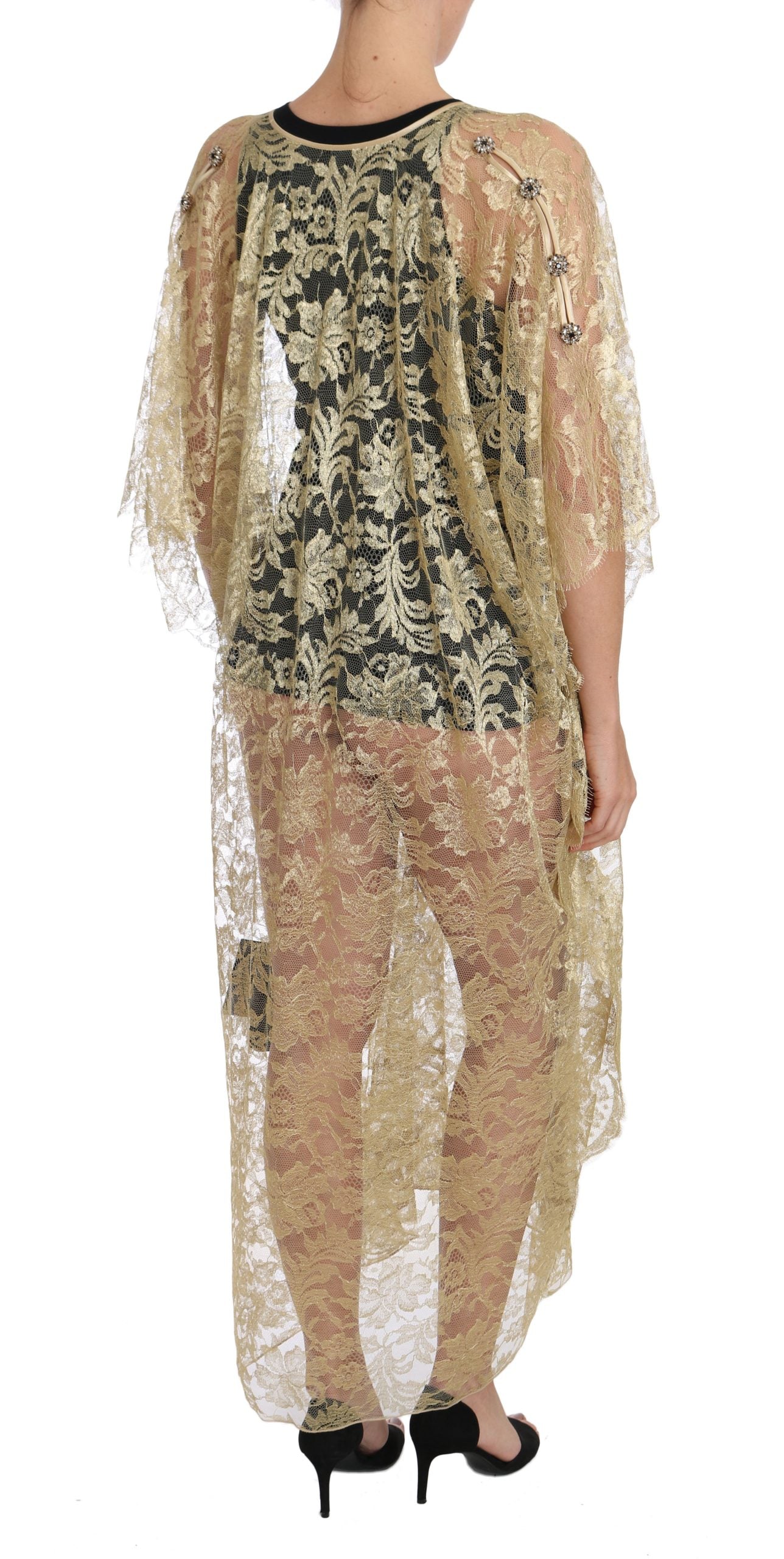 Dolce & Gabbana Gold Floral Lace Crystal Gown Cape Dress - PreLoved & Luxe