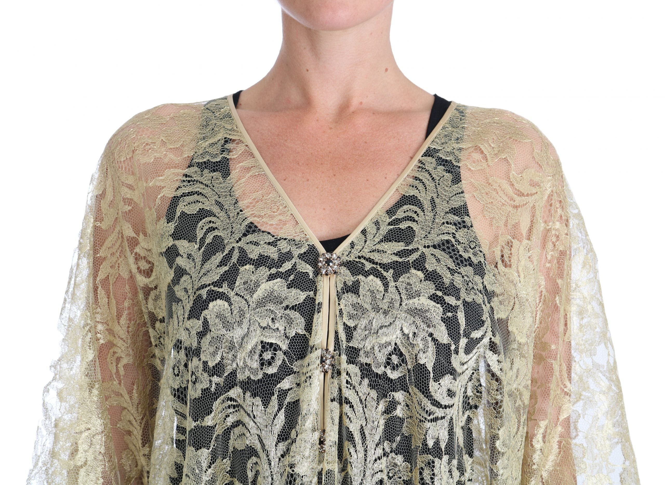 Dolce & Gabbana Gold Floral Lace Crystal Gown Cape Dress - PreLoved & Luxe
