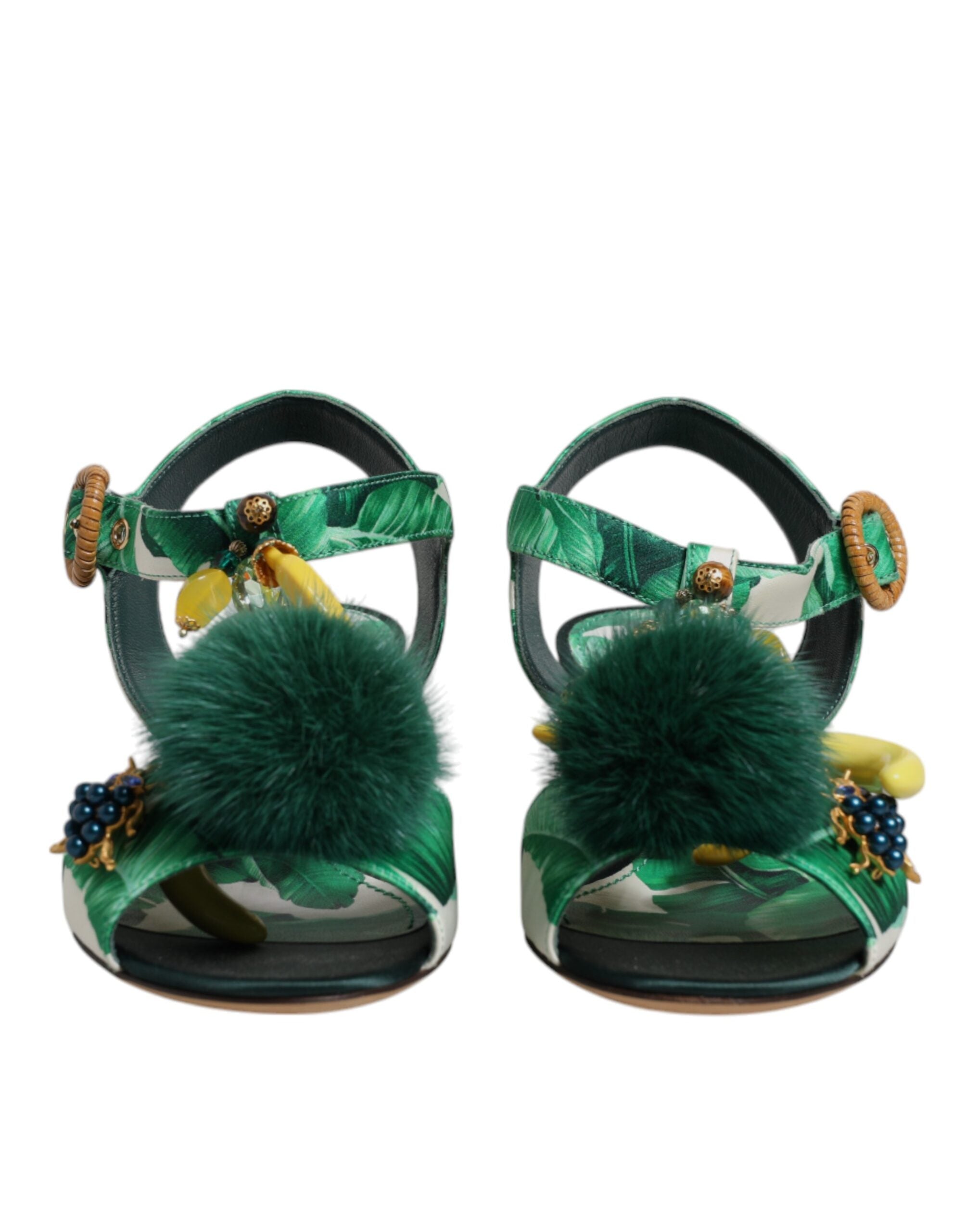 New Dolce & Gabbana Green Crystal Fur Embellished Sandals Shoes