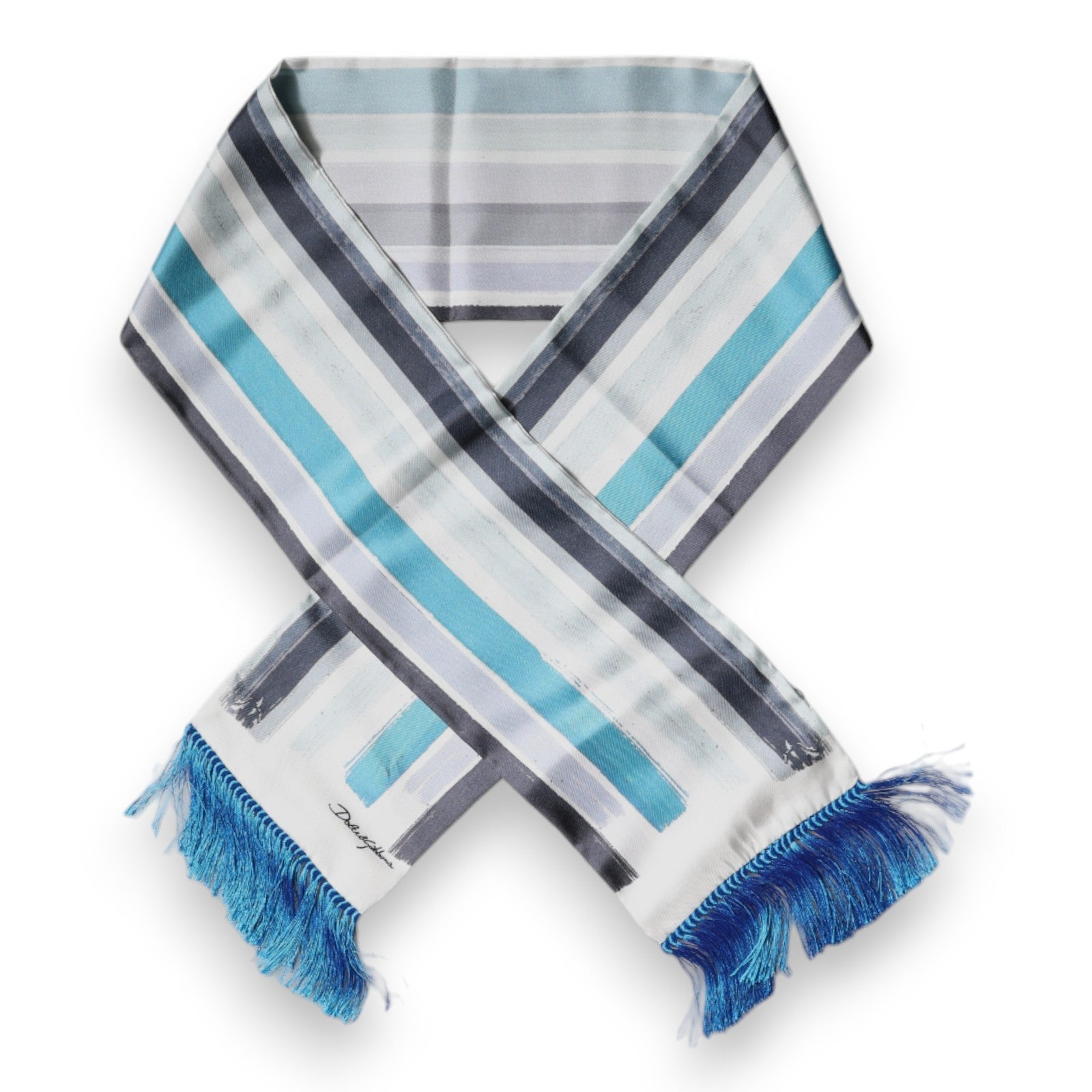 New Dolce & Gabbana White Blue Stripes Silk Fringes Wrap Scarf