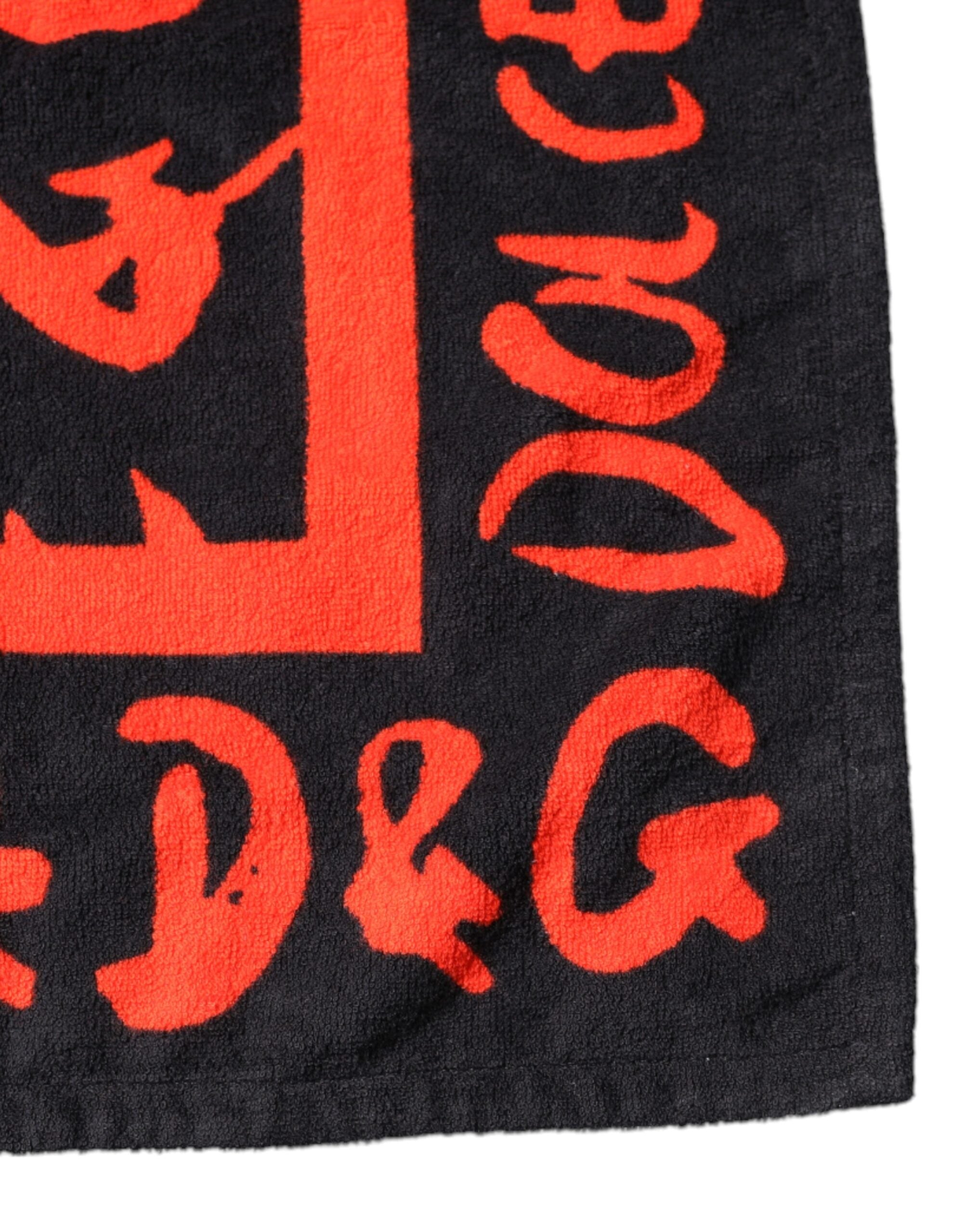 New Dolce & Gabbana Black Red Logo Print Cotton Beach Towel