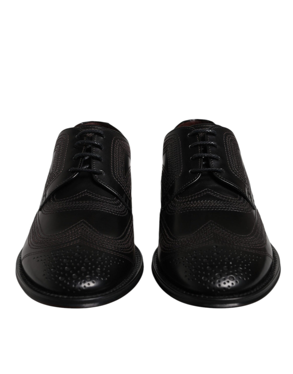 New Dolce & Gabbana Black Embroidered Classic Leather Derby Dress Shoes