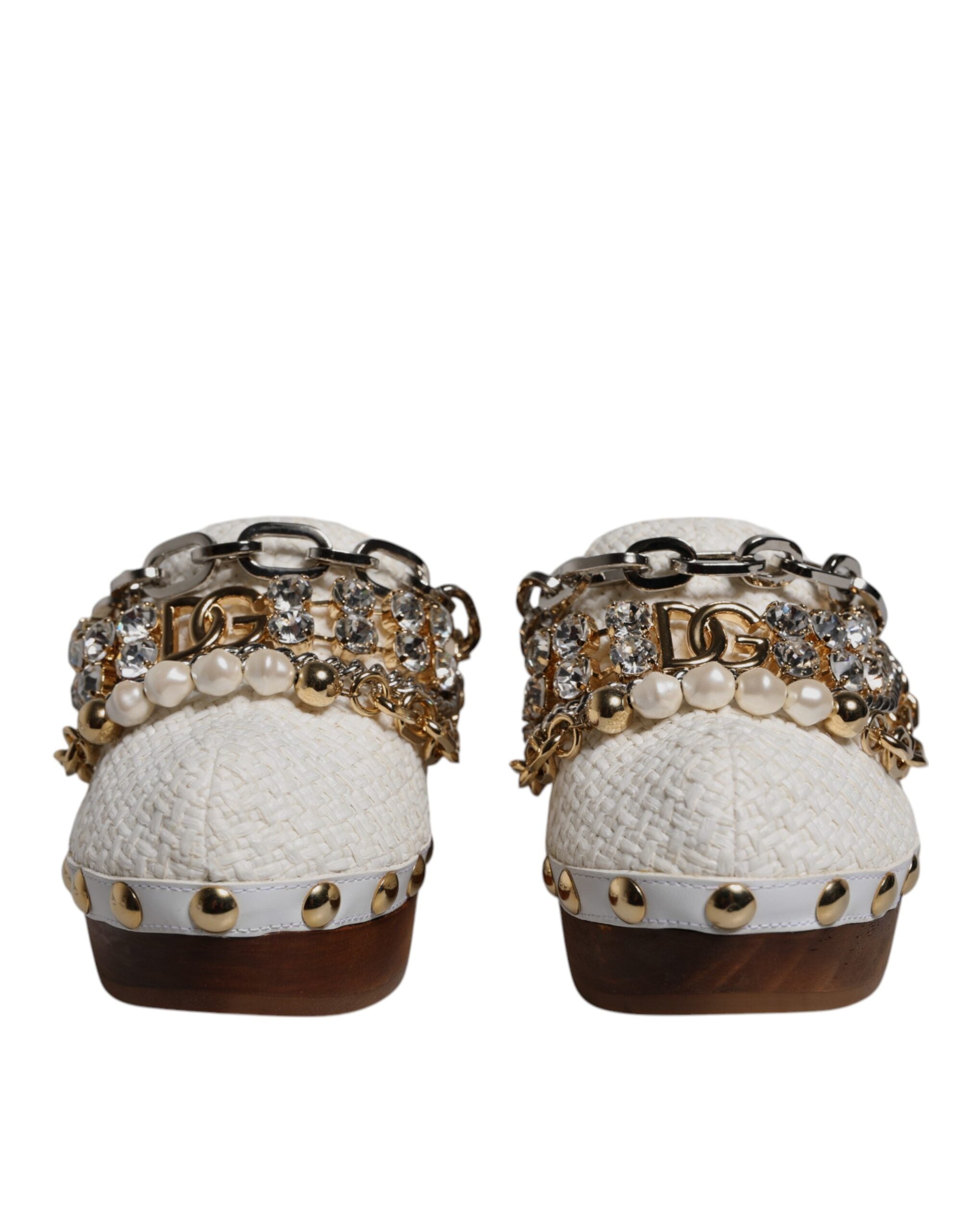 New Dolce & Gabbana White Raffia Clogs Bejeweled Chain Sandals Shoes