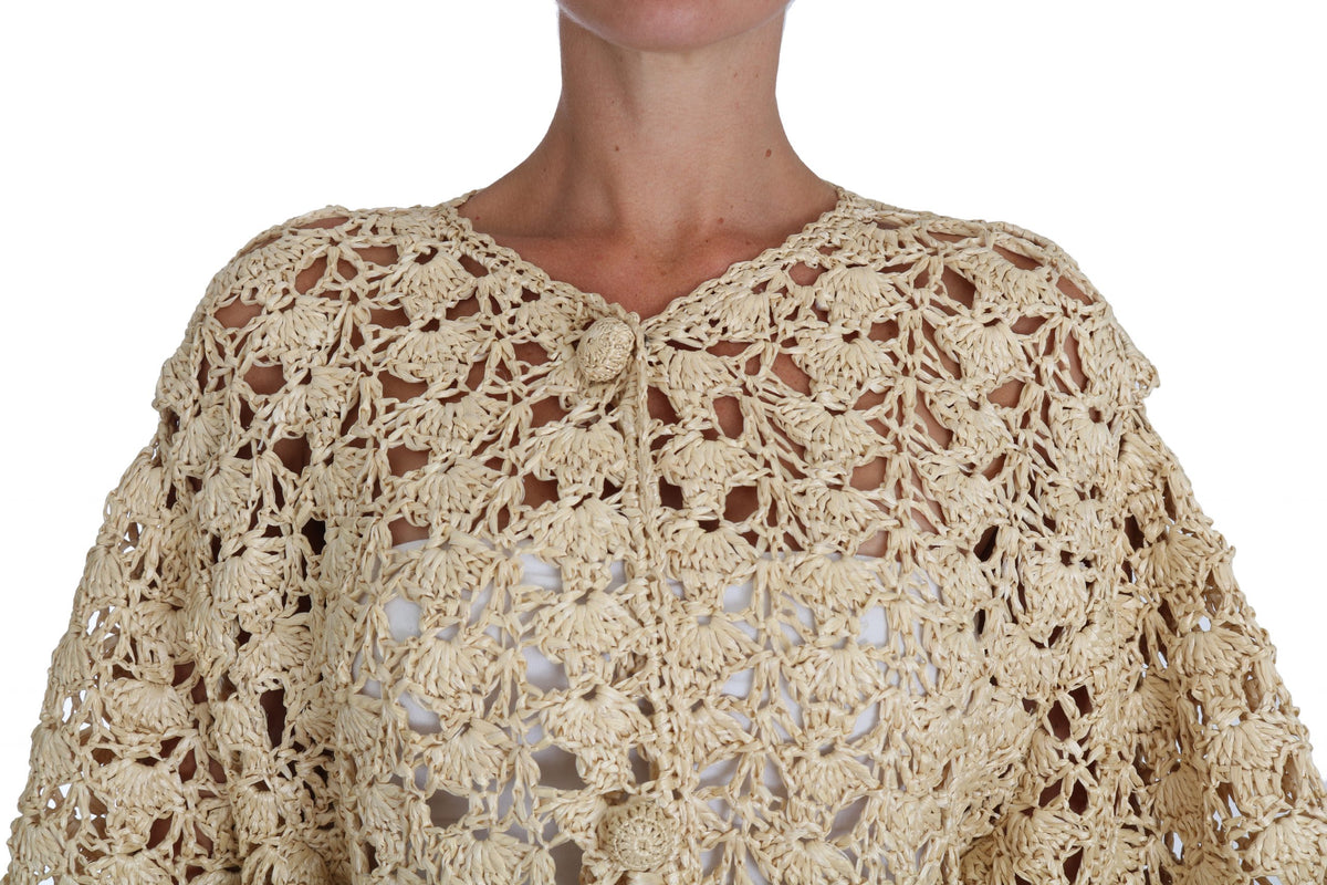 New Dolce & Gabbana Beige Cardigan Crochet Knitted Raffia Sweater