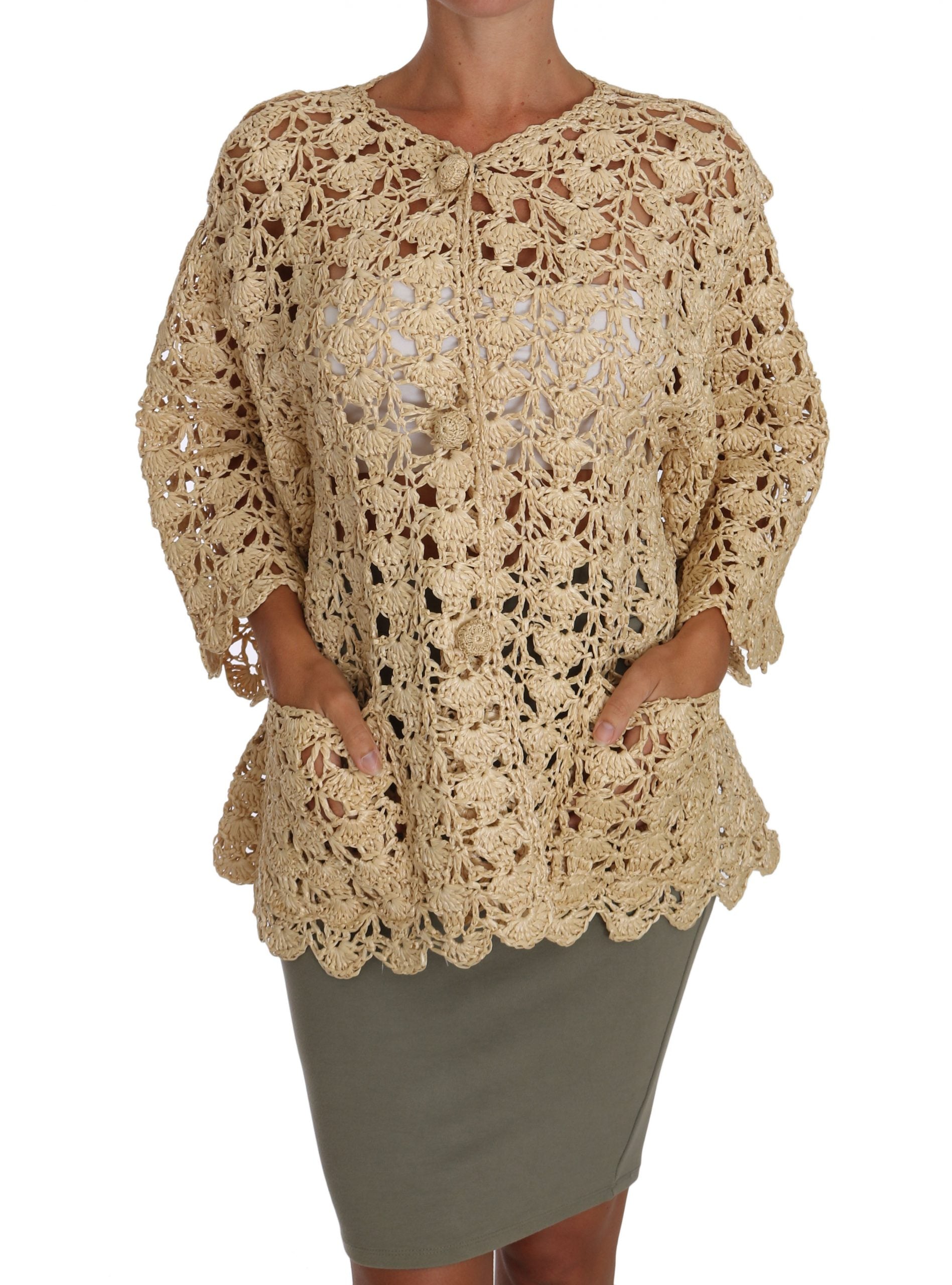 Dolce & Gabbana Beige Cardigan Crochet Knitted Raffia Sweater - PreLoved & Luxe