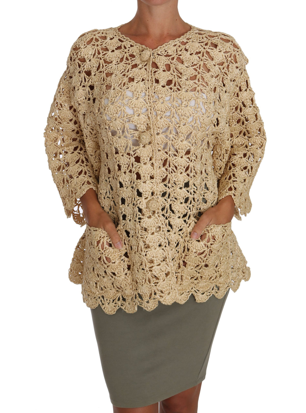 New Dolce & Gabbana Beige Cardigan Crochet Knitted Raffia Sweater