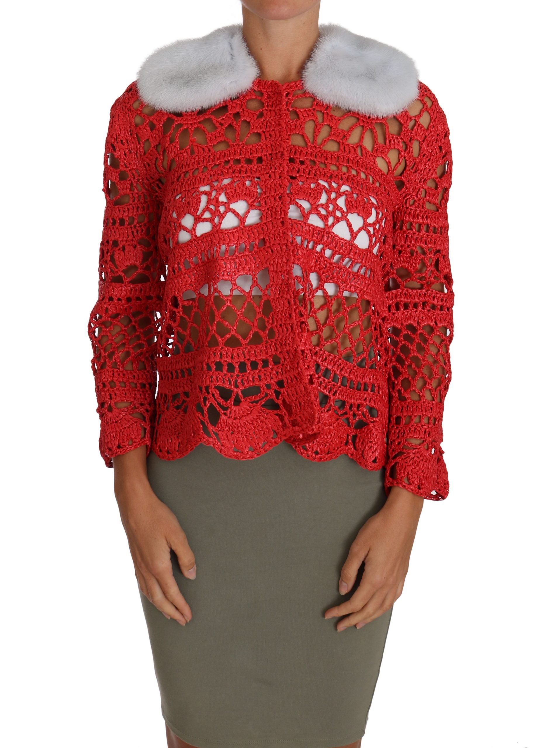 Dolce & Gabbana Red Cardigan Crochet Knit Raffia Sweater - PreLoved & Luxe