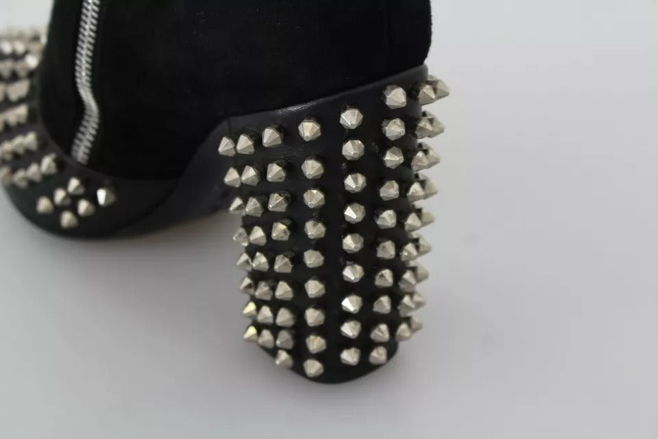 Philipp Plein Black Suede Studded Heels Ankle Boots Shoes
