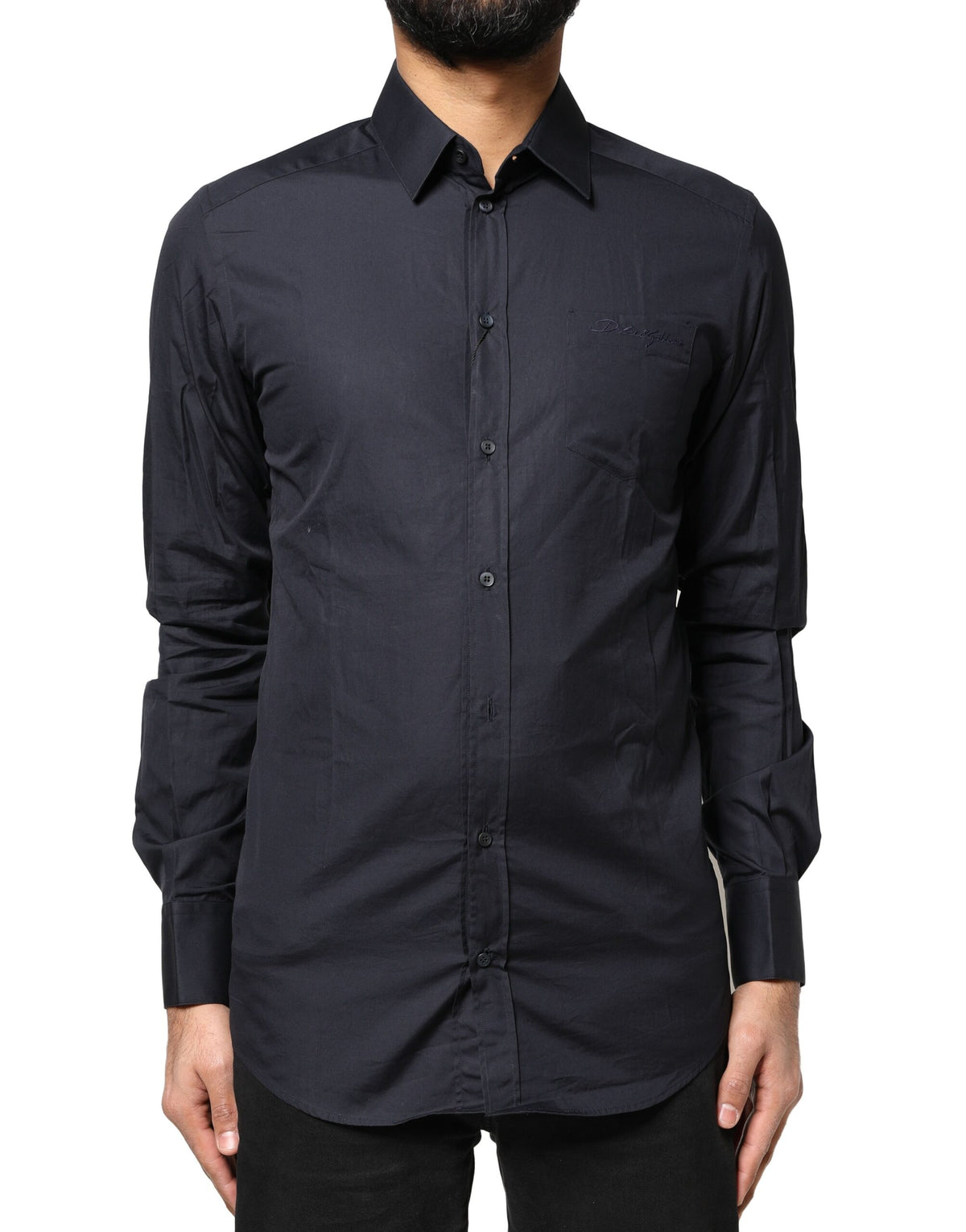 New Dolce & Gabbana Dark Blue GOLD Cotton Long Sleeves Dress Shirt