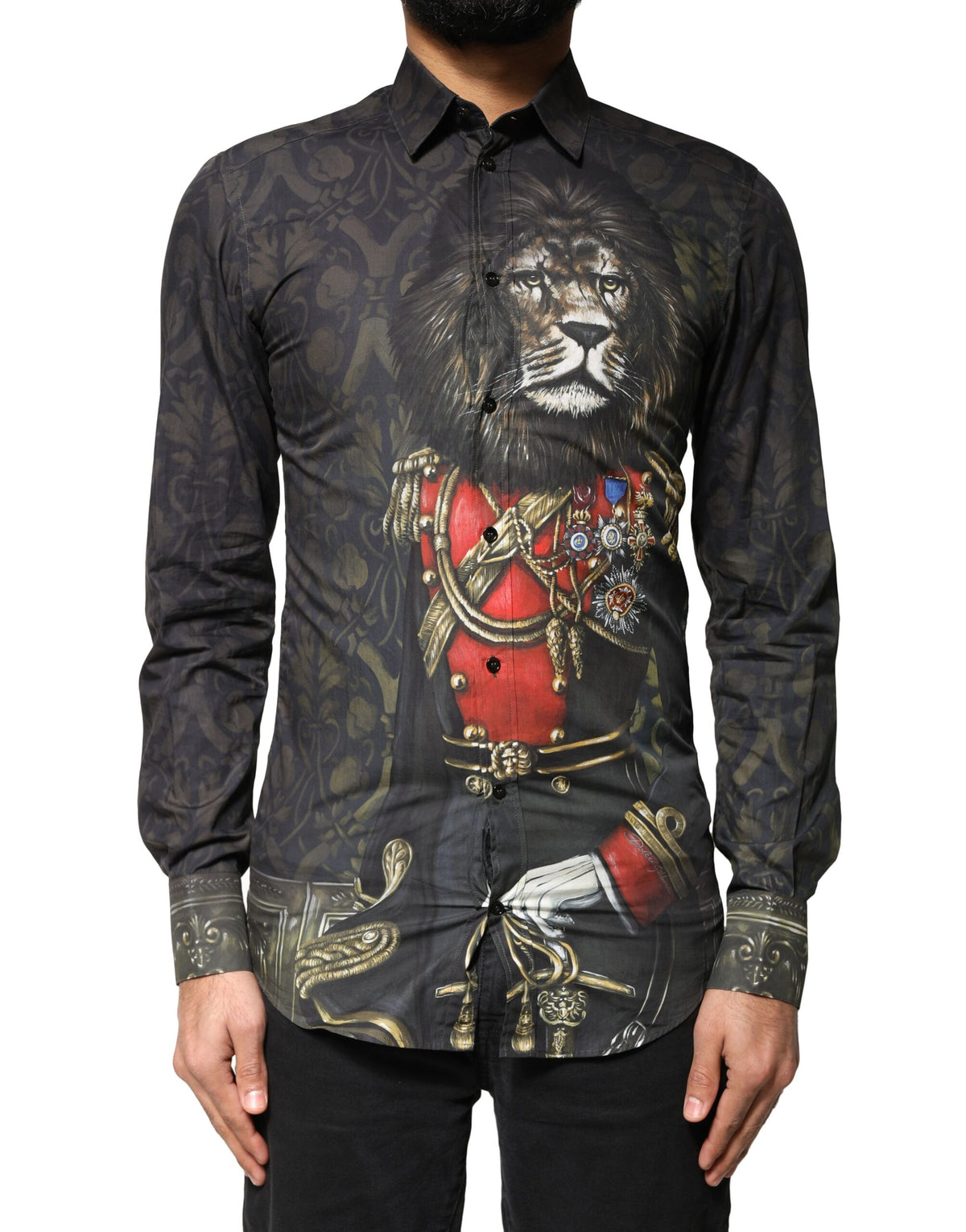 New Dolce & Gabbana Black Royal Pet Portrait GOLD Dress Shirt