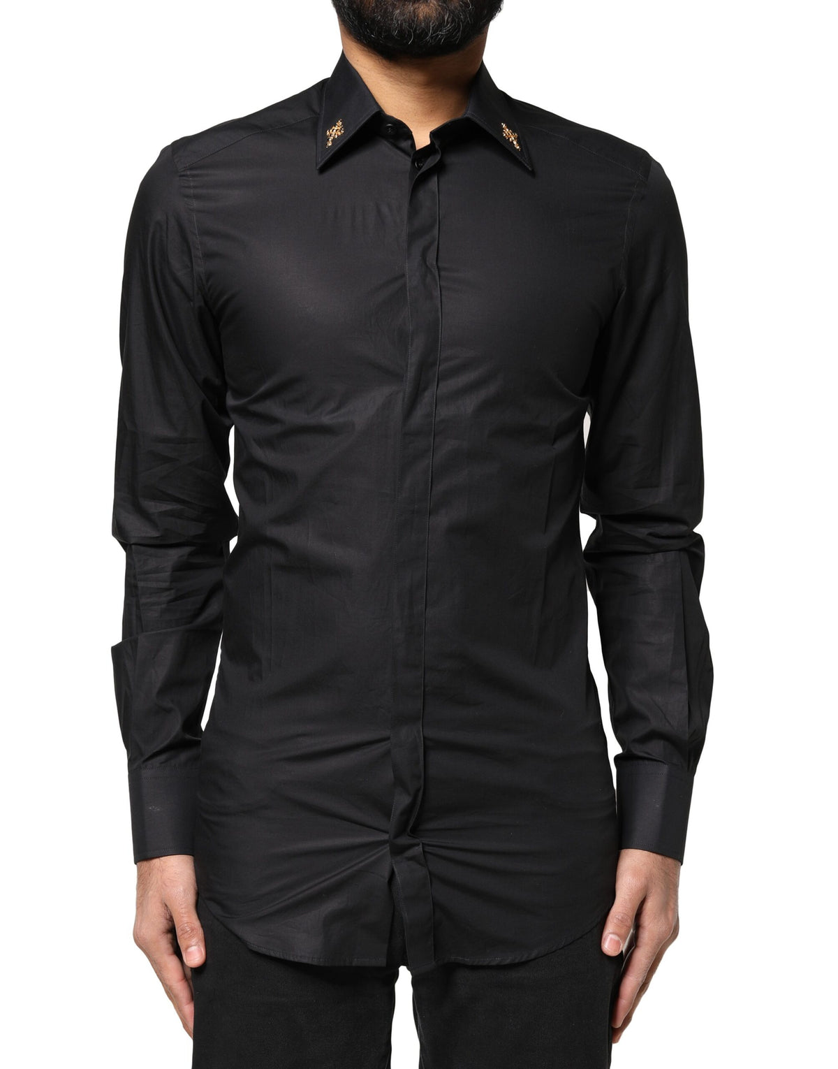 New Dolce & Gabbana Black GOLD Cross Embellished Men Dress Shirt