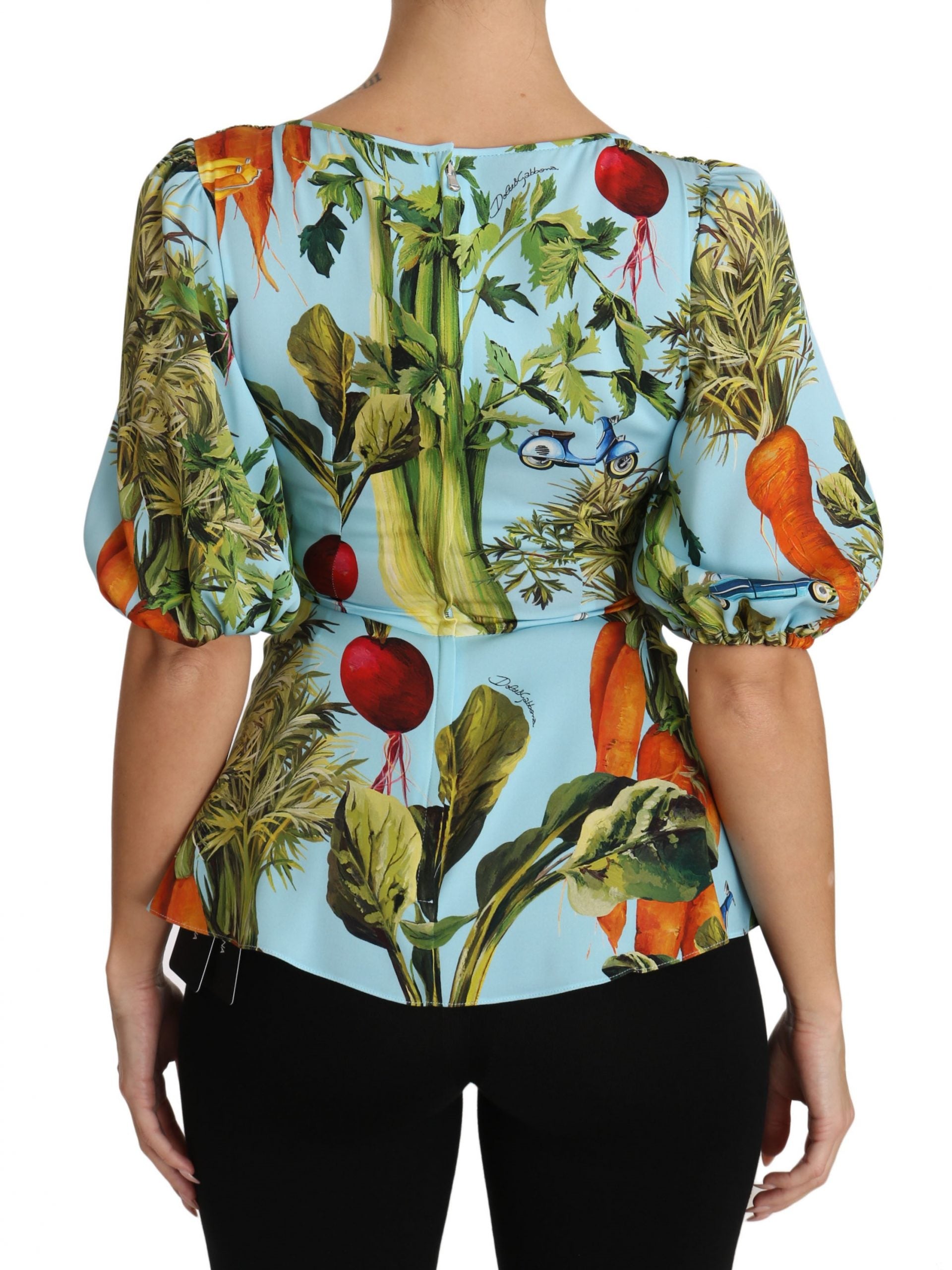 Dolce & Gabbana Multicolor Vegetable Print Silk Top Peplum Wrap Blouse - PreLoved & Luxe
